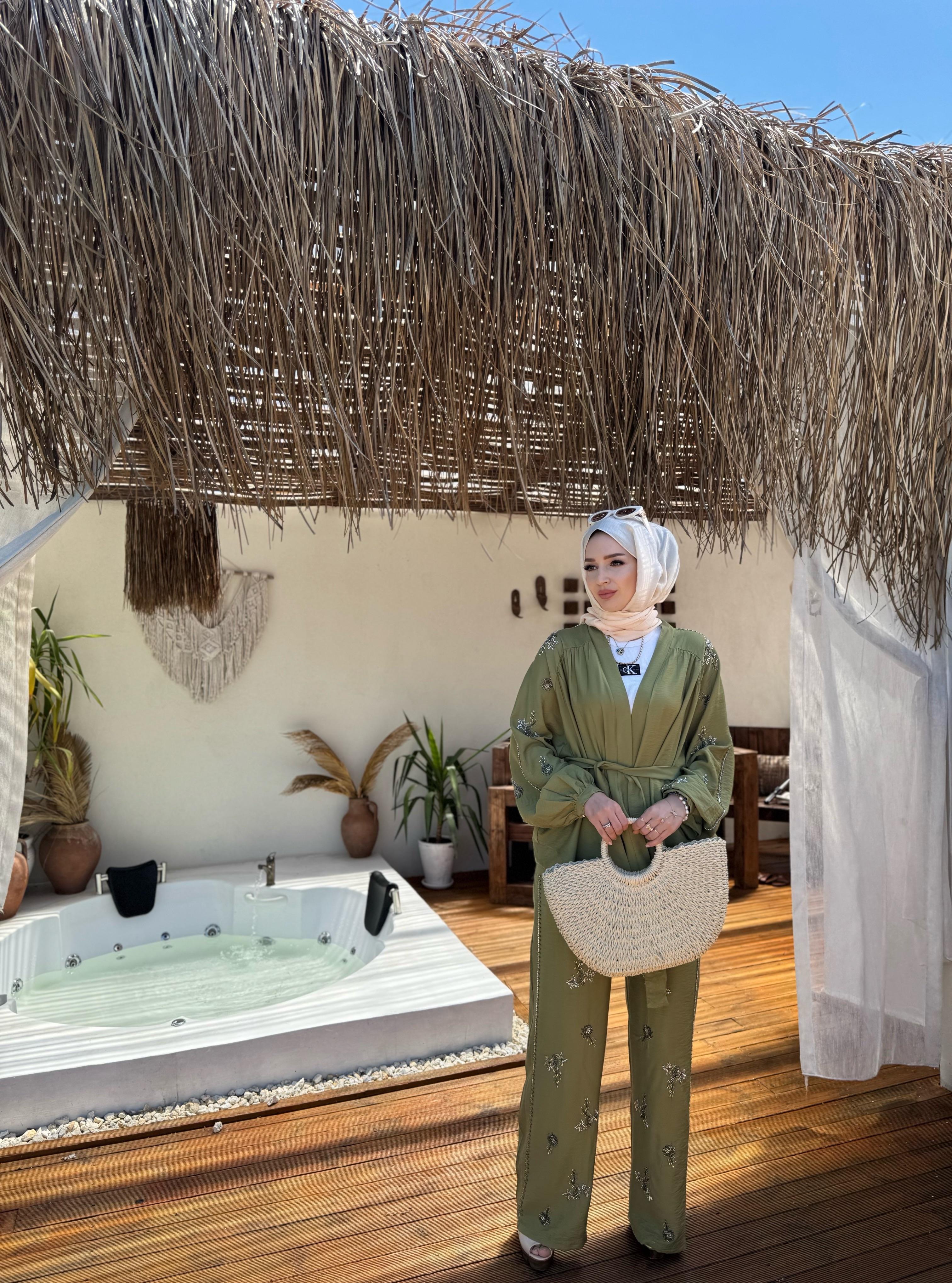İşlemeli Kimono Takım - Yağ yeşili 