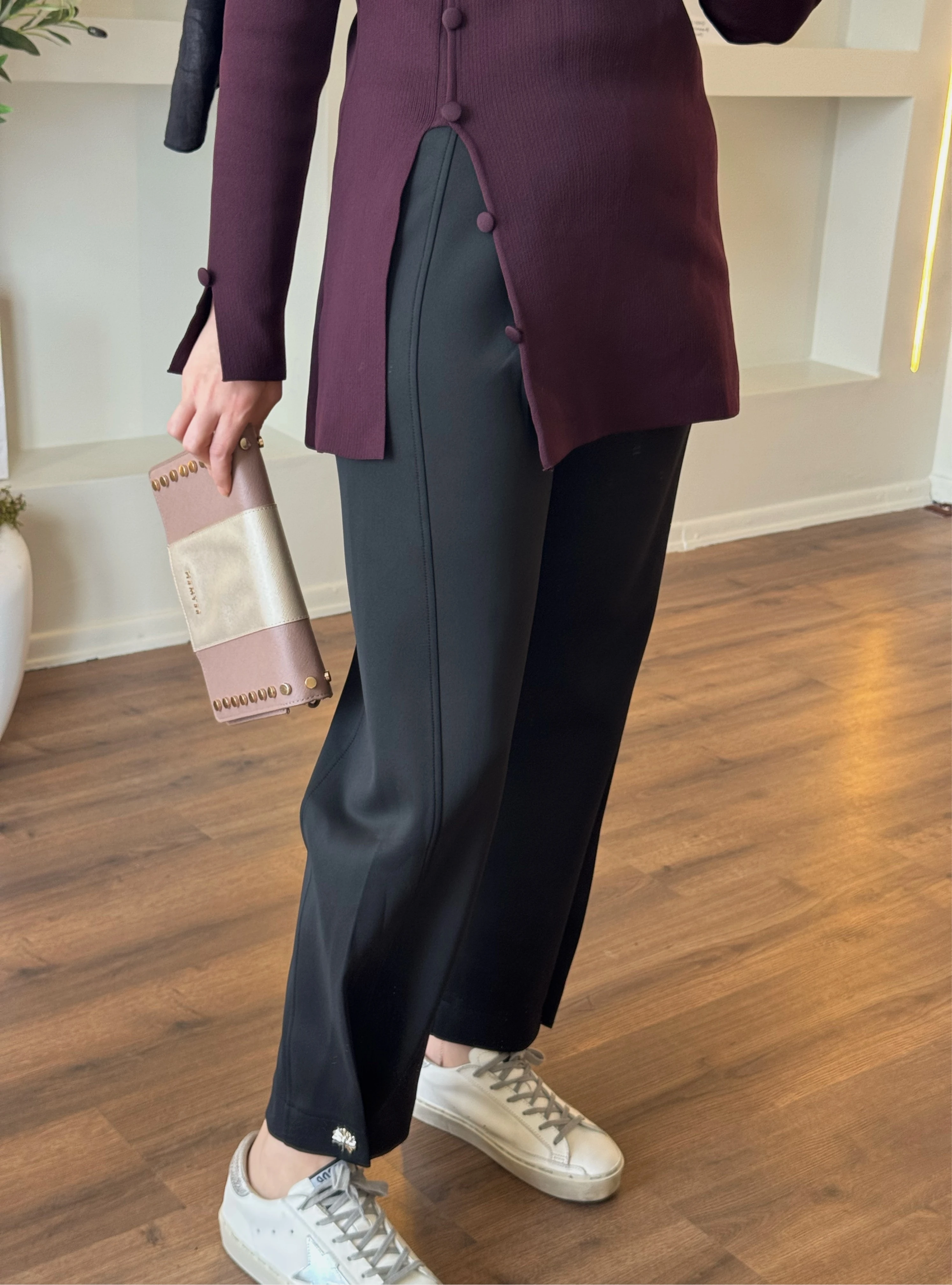 Paçası düğmeli Scuba pantolon- siyah 