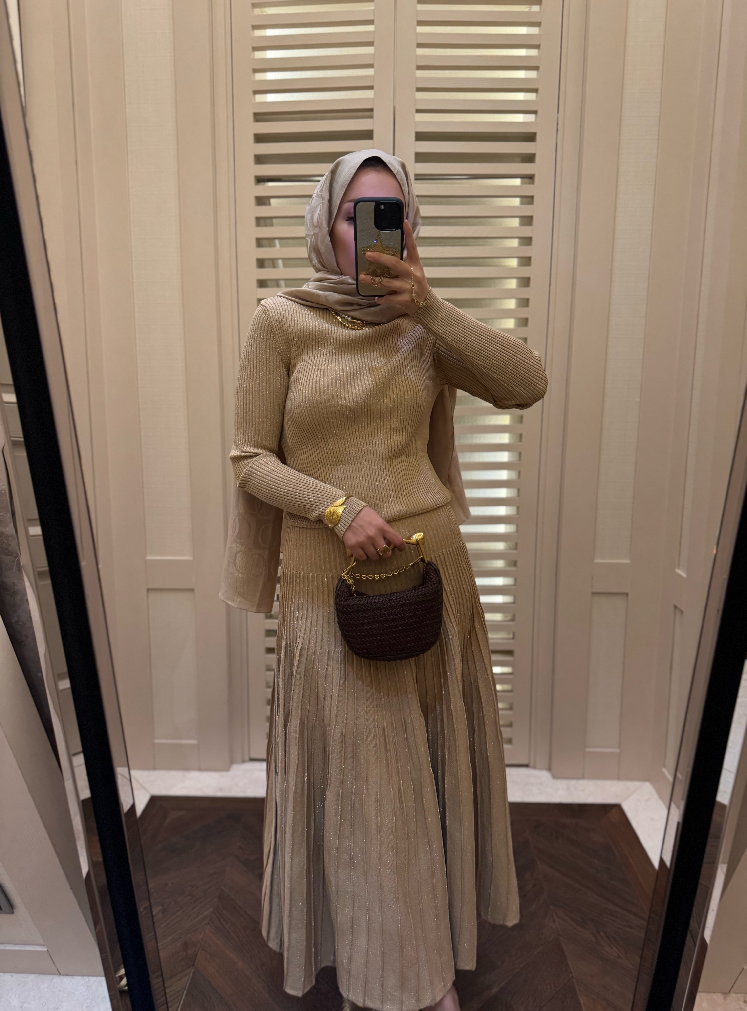 Aura simli triko elbise - camel