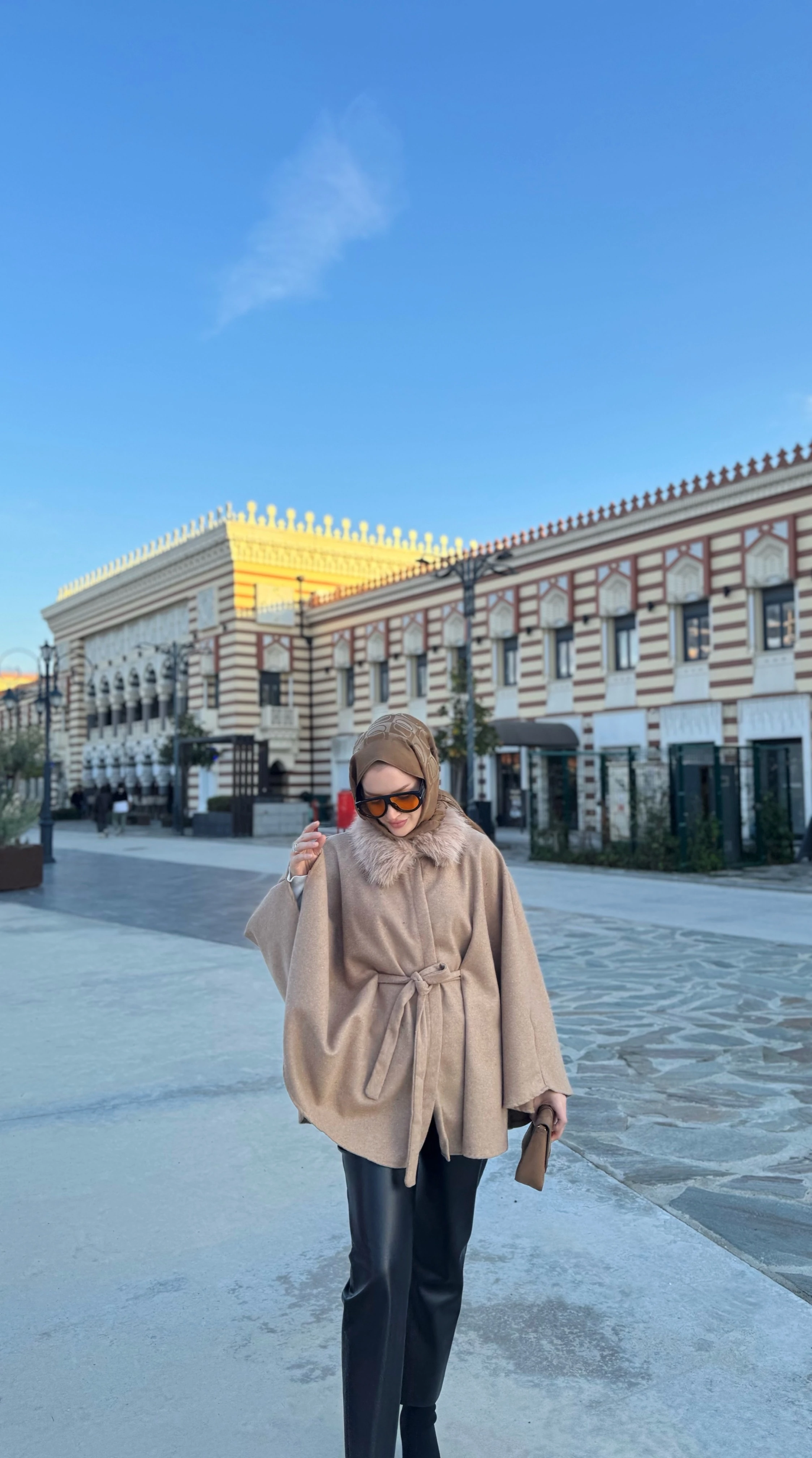 Kürk yaka panço - camel