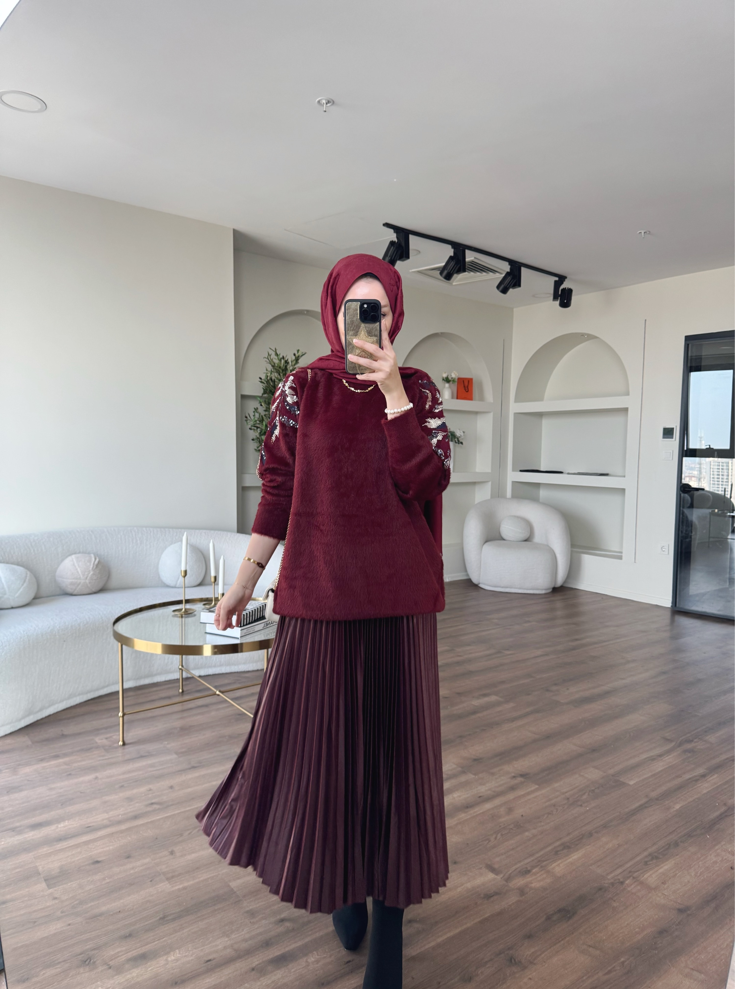 İşlemeli angora kazak - bordo 