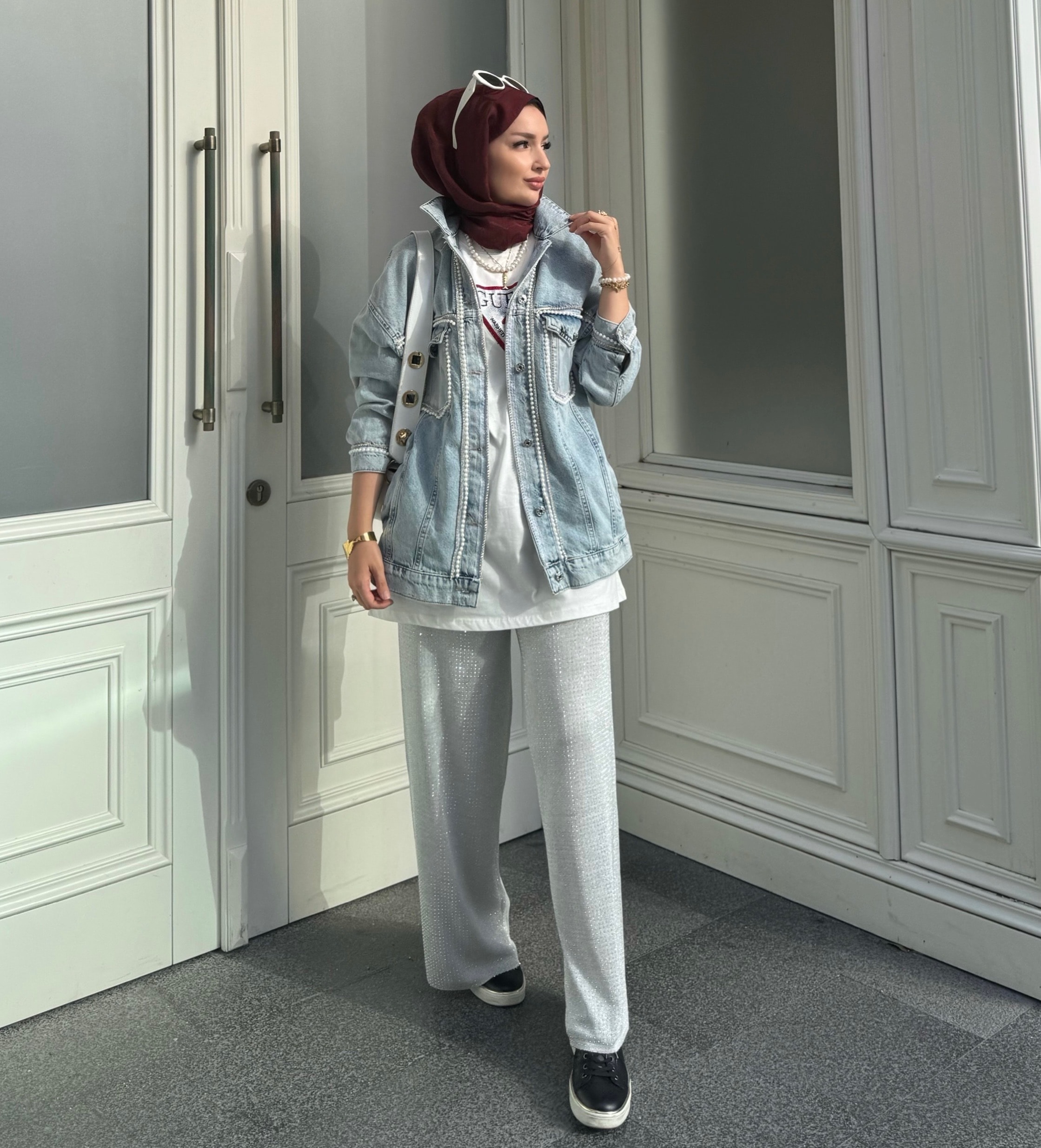 İncili kot ceket 