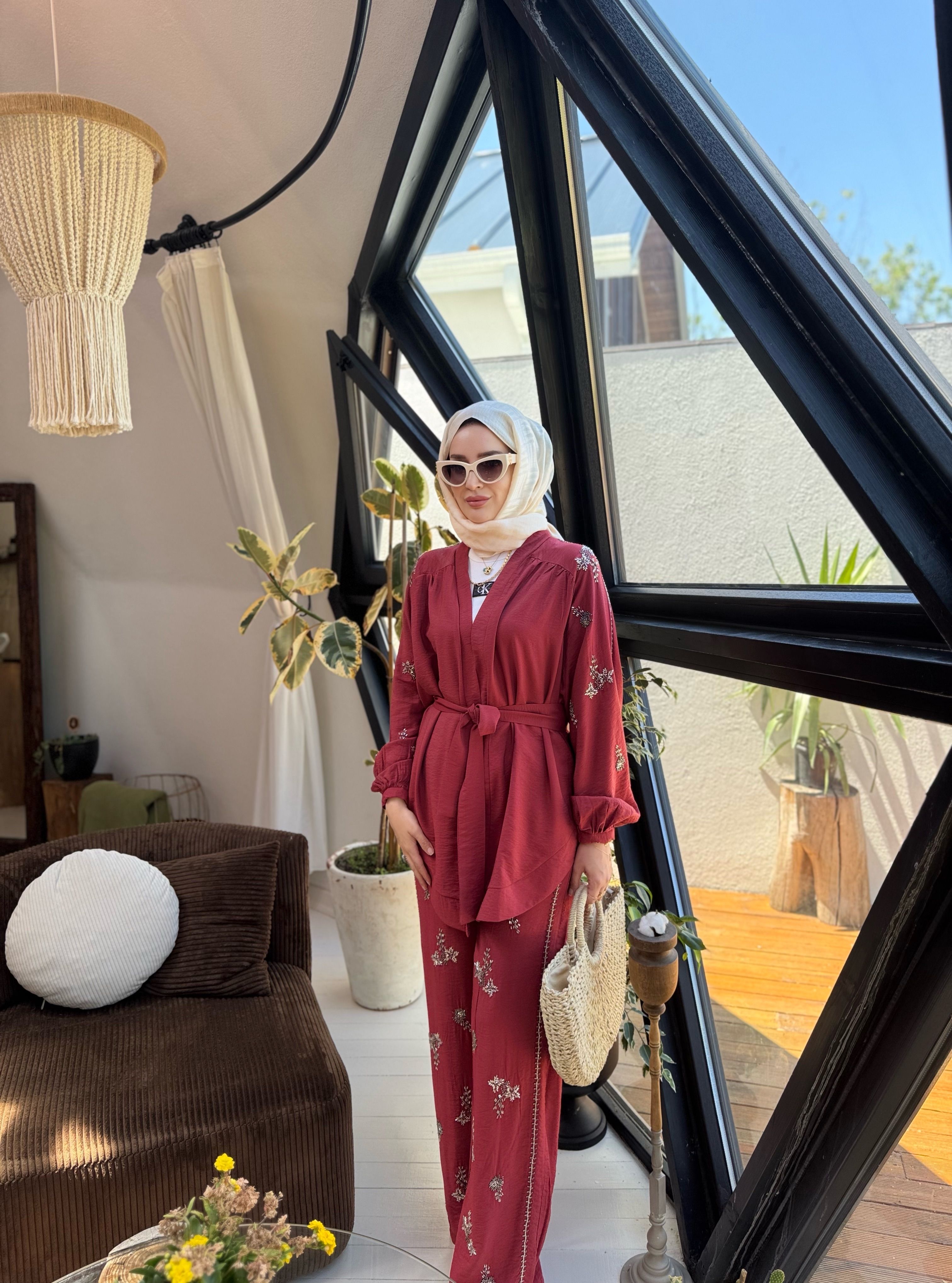 İşlemeli Kimono Takım - Bordo
