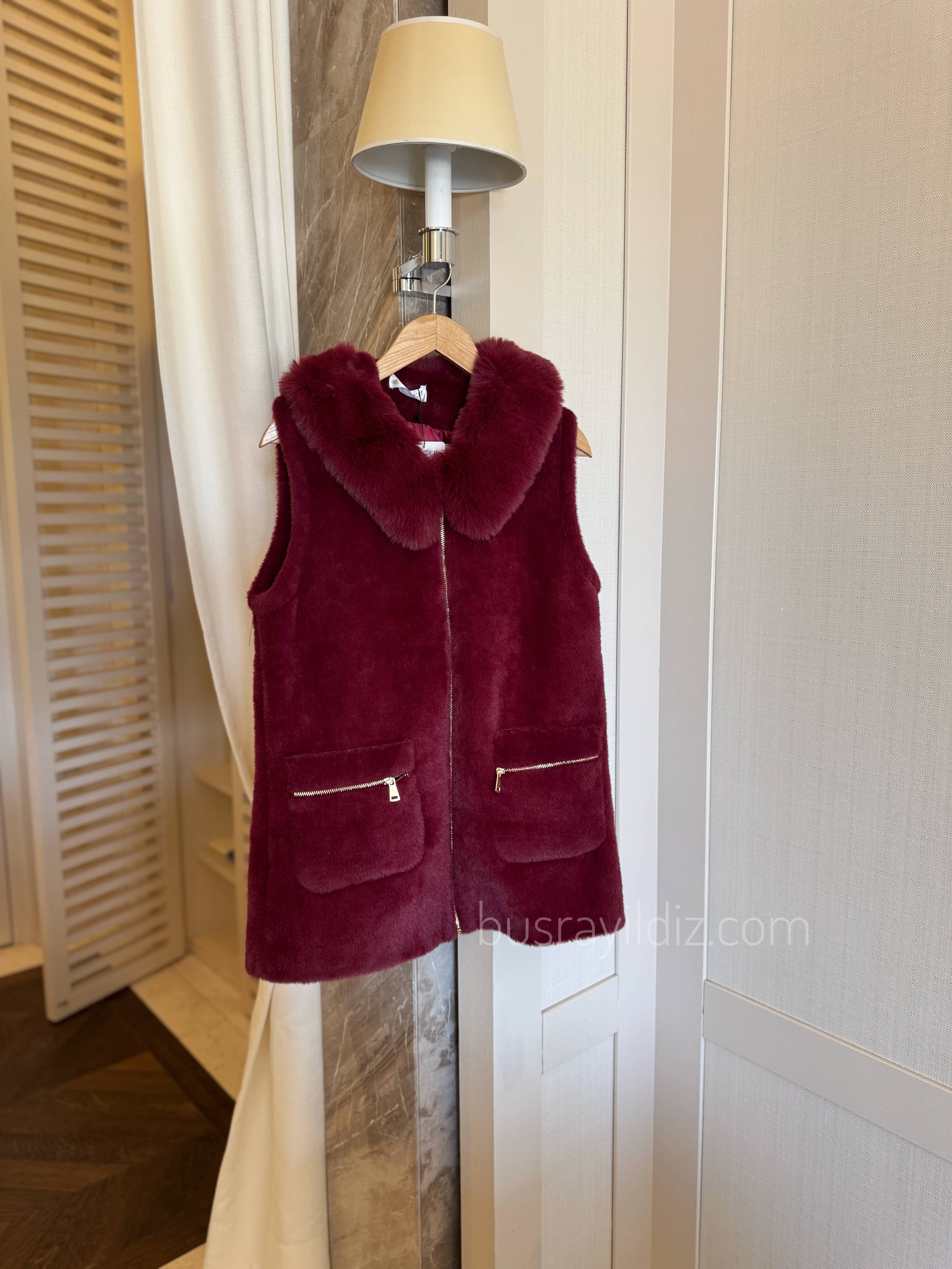 Angora kürk yelek - bordo