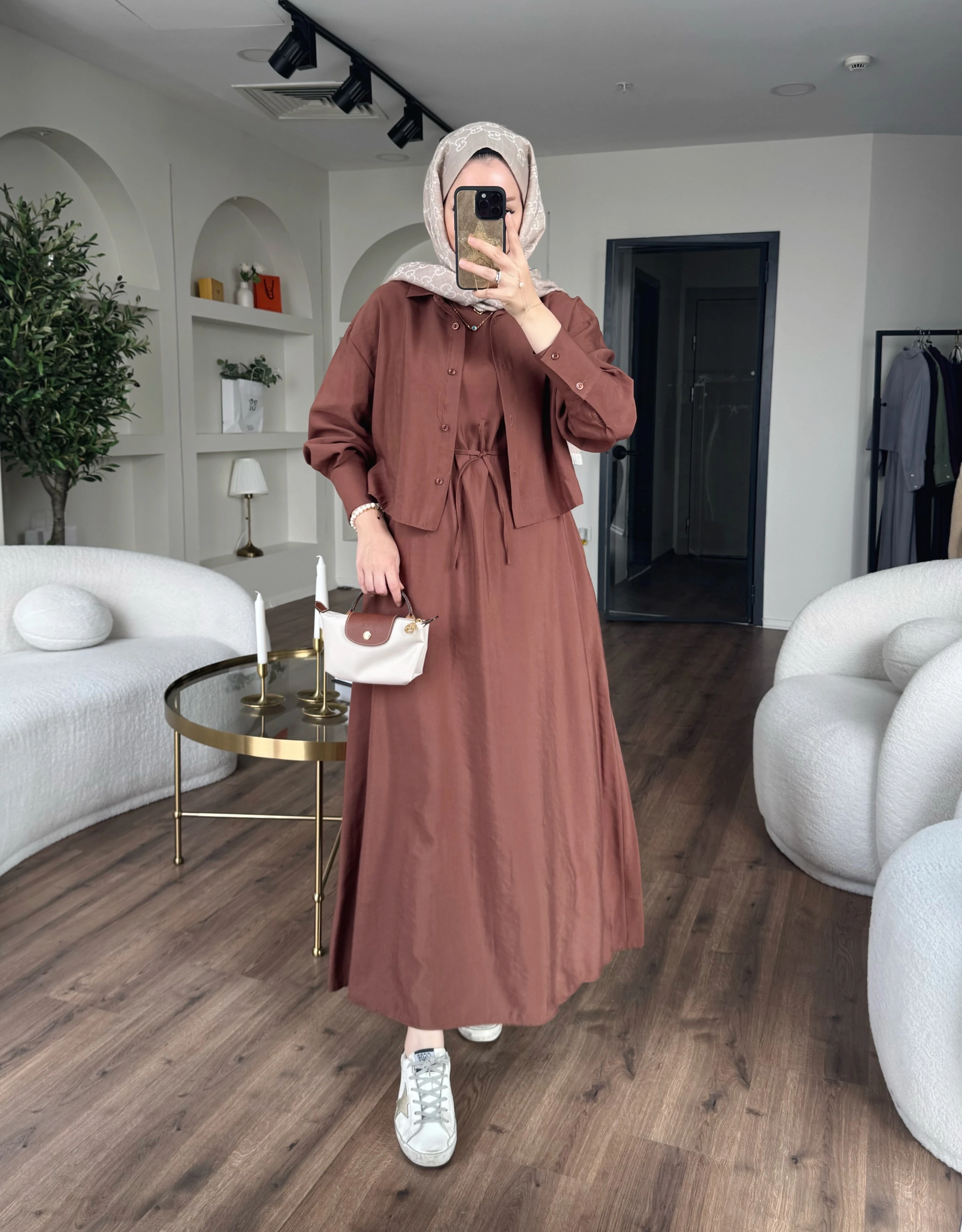 Laren gömlekli elbise - kahverengi