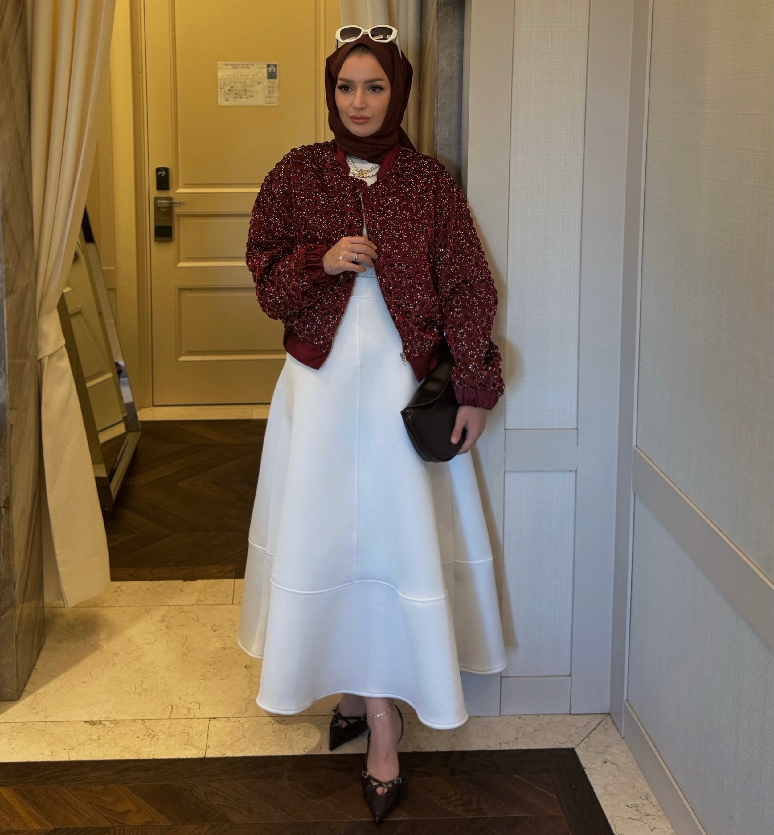 Glam payetli saten ceket -bordo