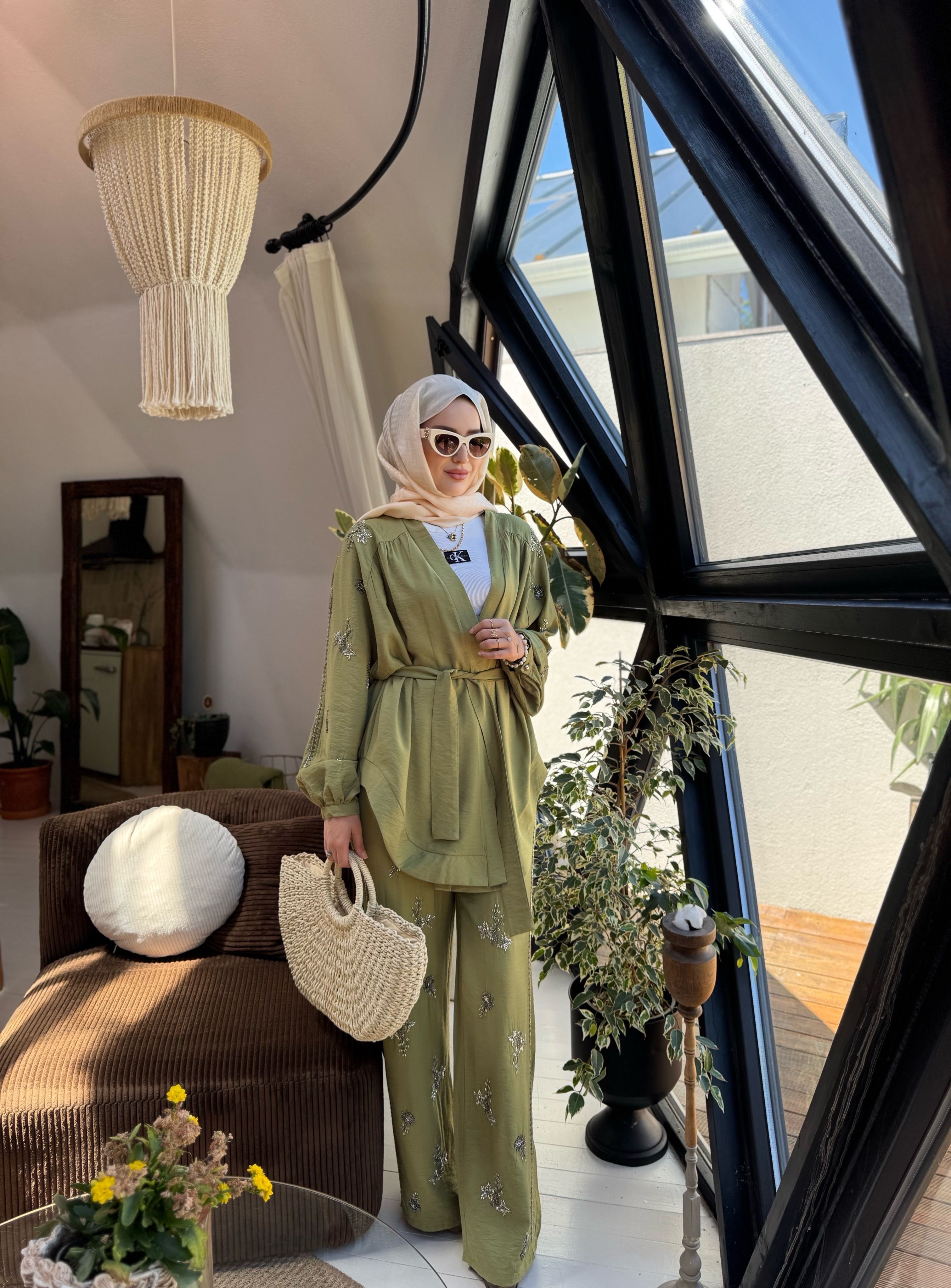 İşlemeli Kimono Takım - Yağ yeşili 