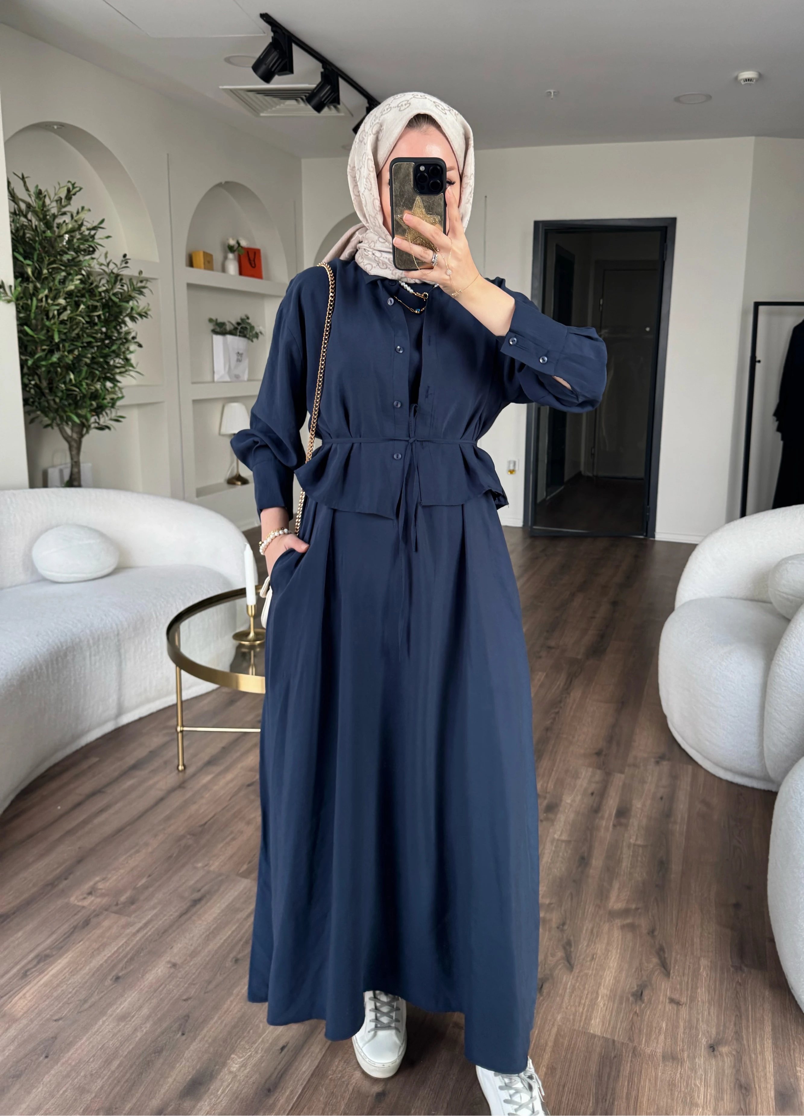 Laren gömlekli elbise - lacivert 