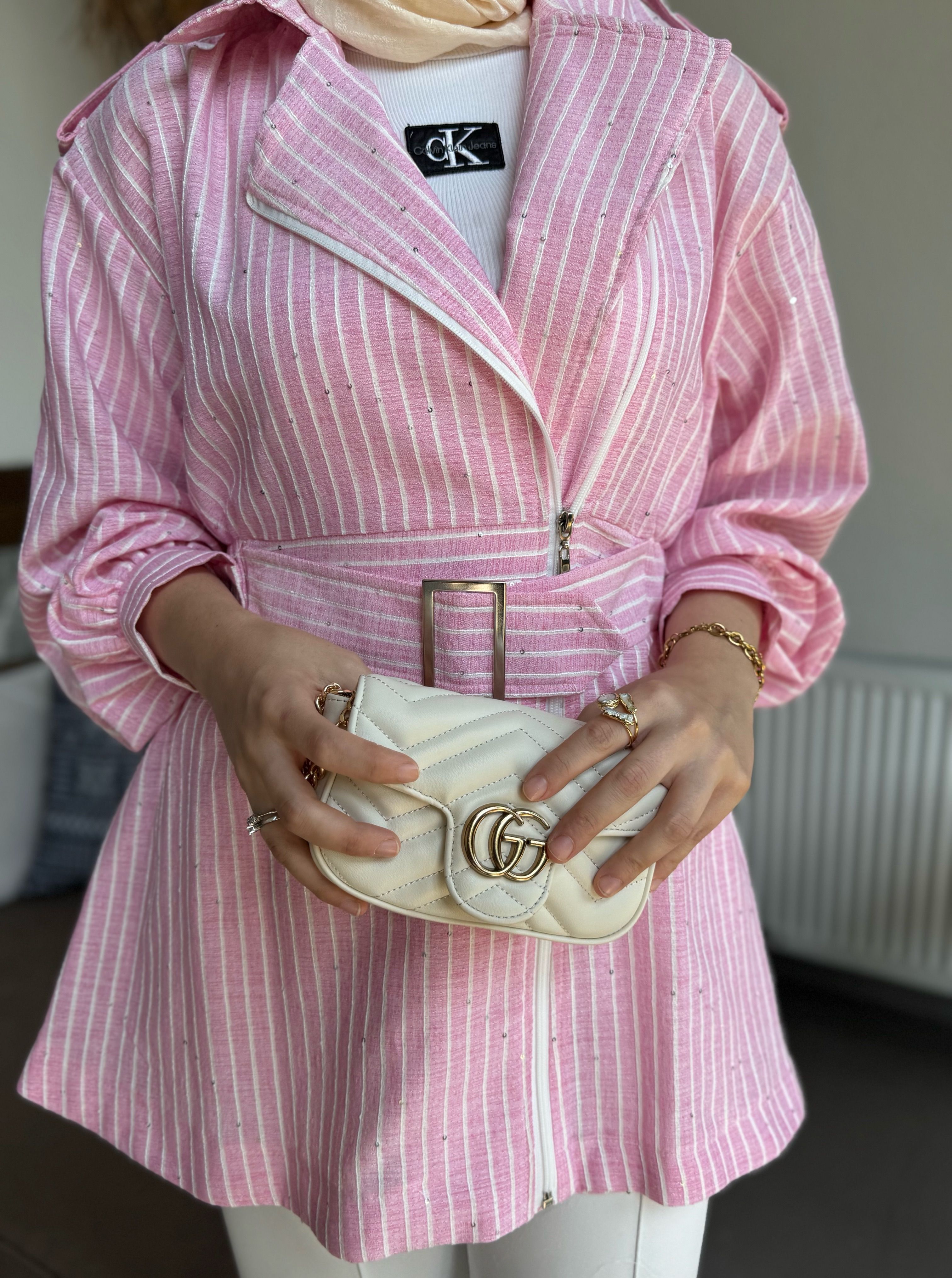 Keten pullu ceket - pembe