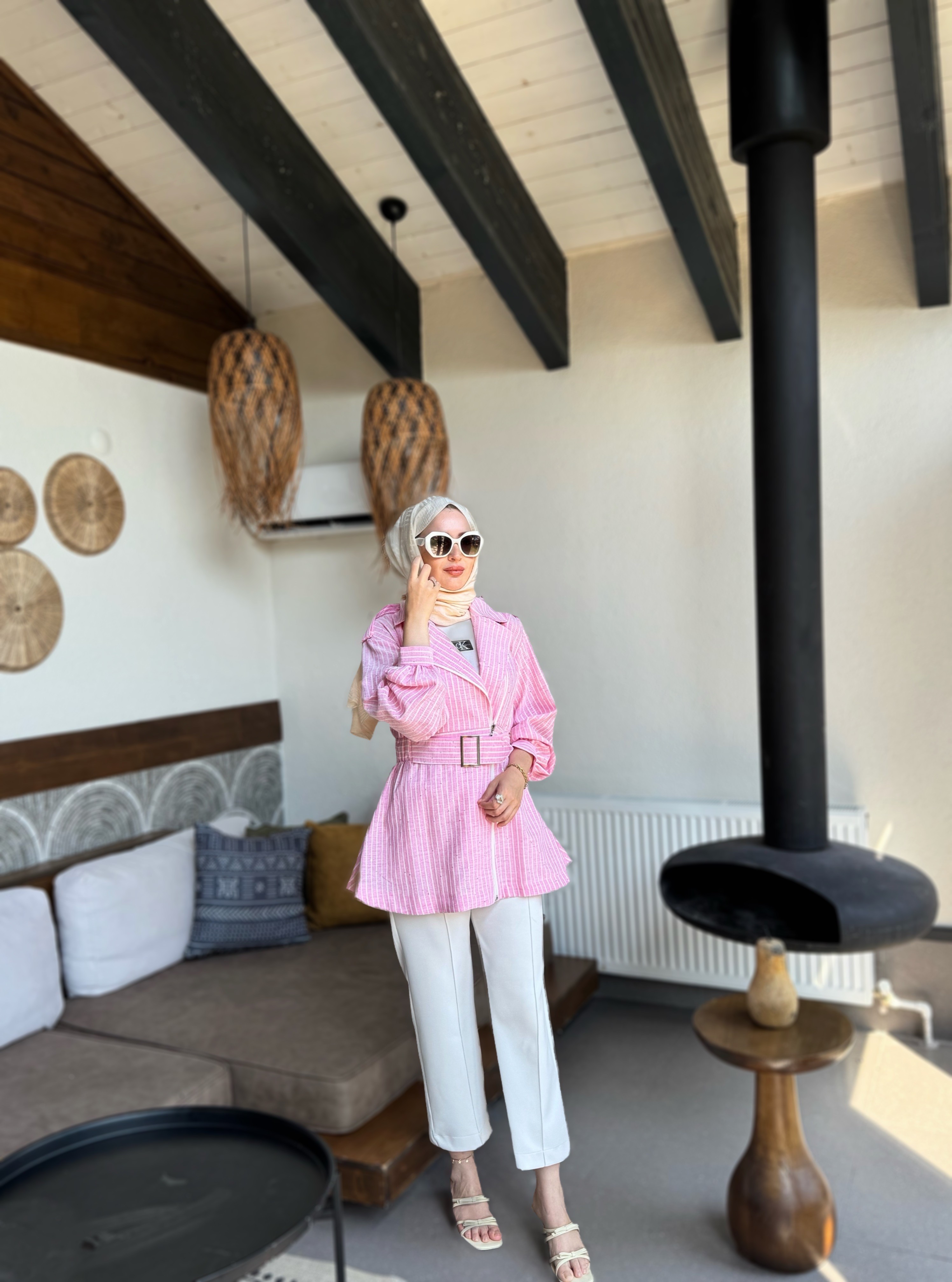 Keten pullu ceket - pembe
