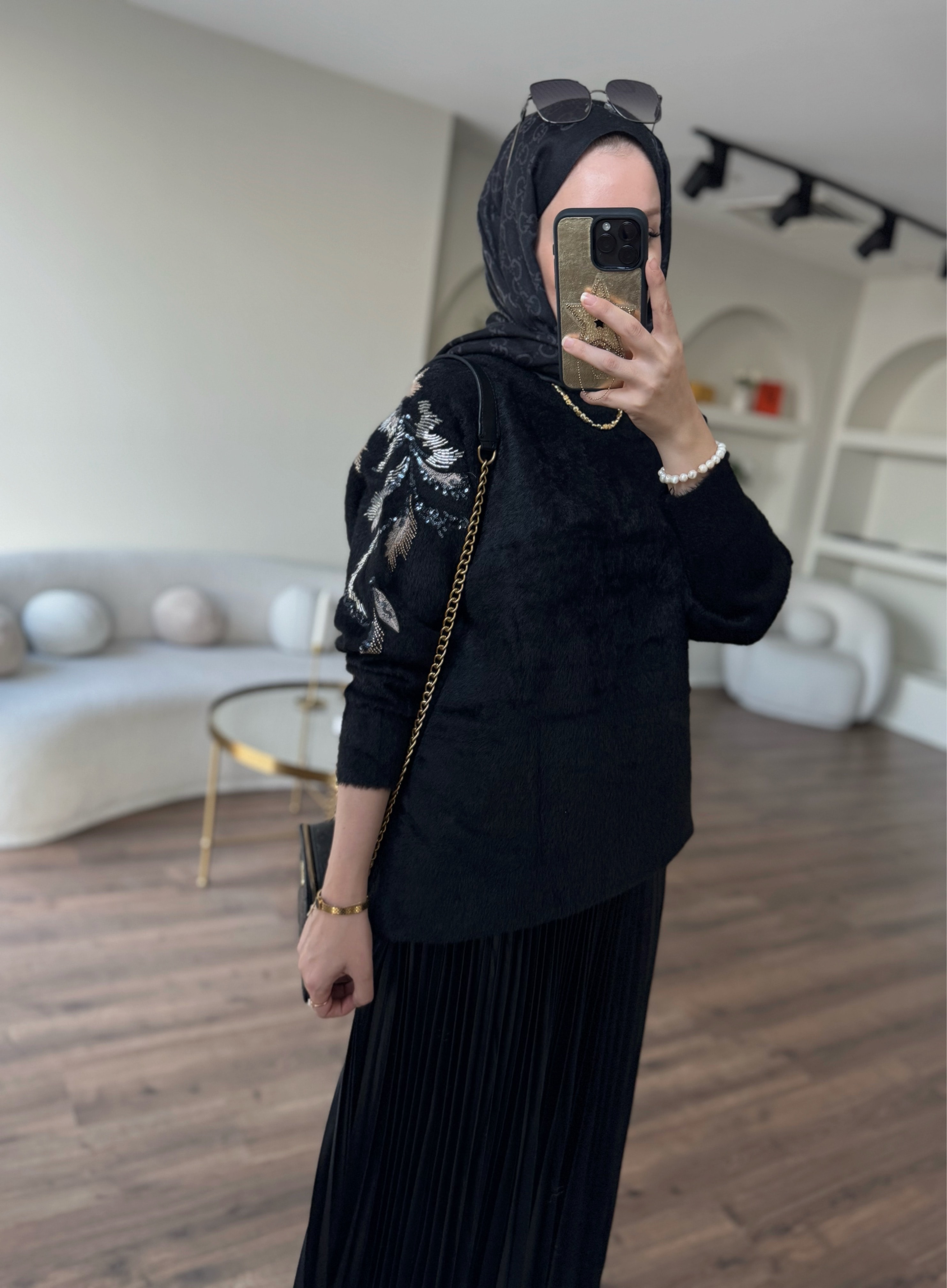 İşlemeli angora kazak - siyah 