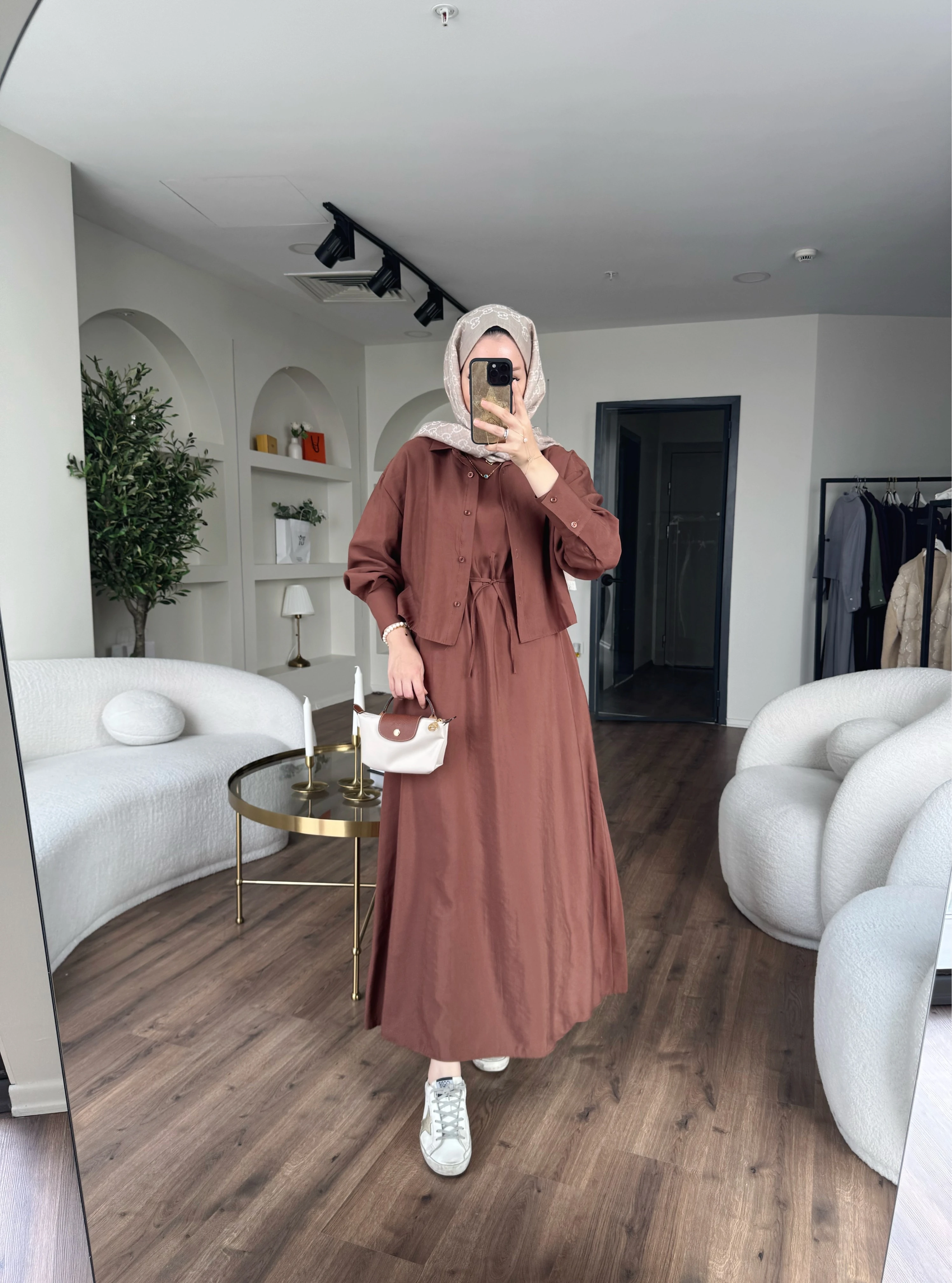 Laren gömlekli elbise - kahverengi