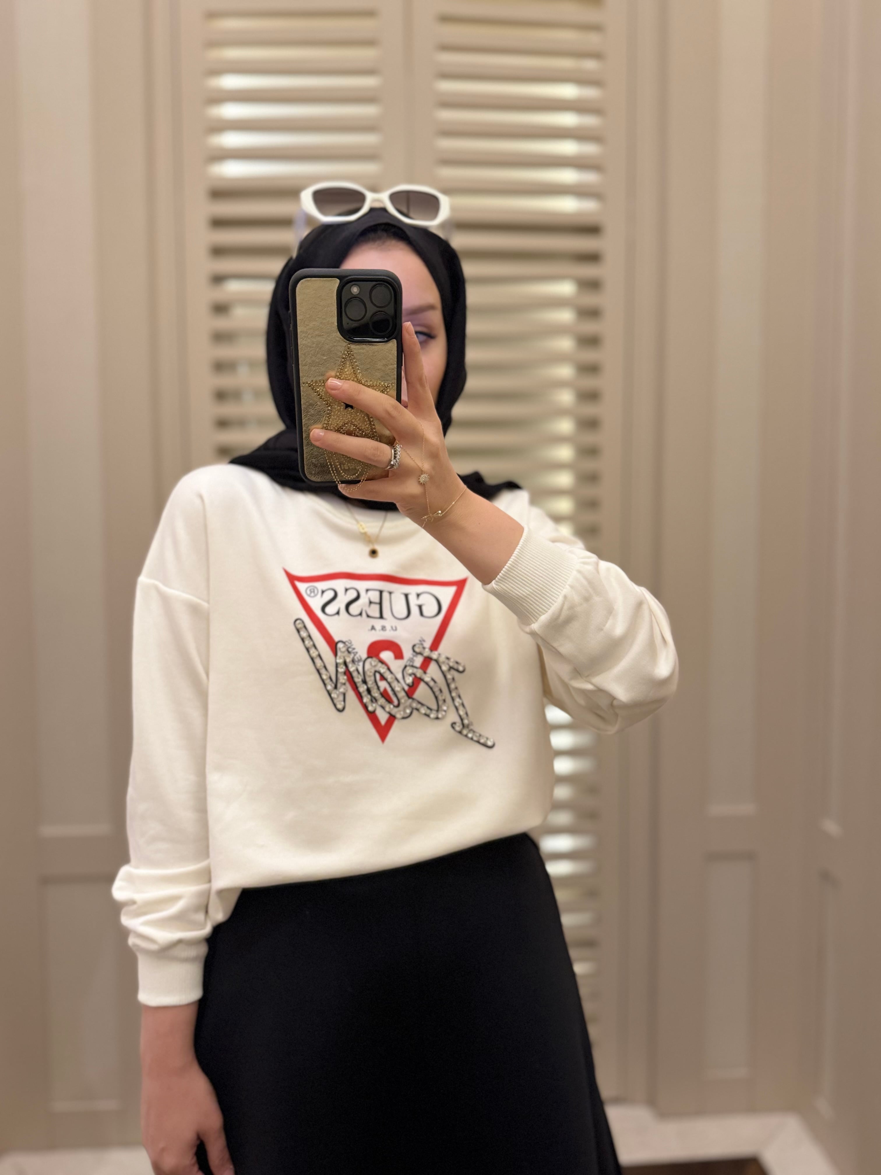 Muadil taşlı sweatshirt - beyaz