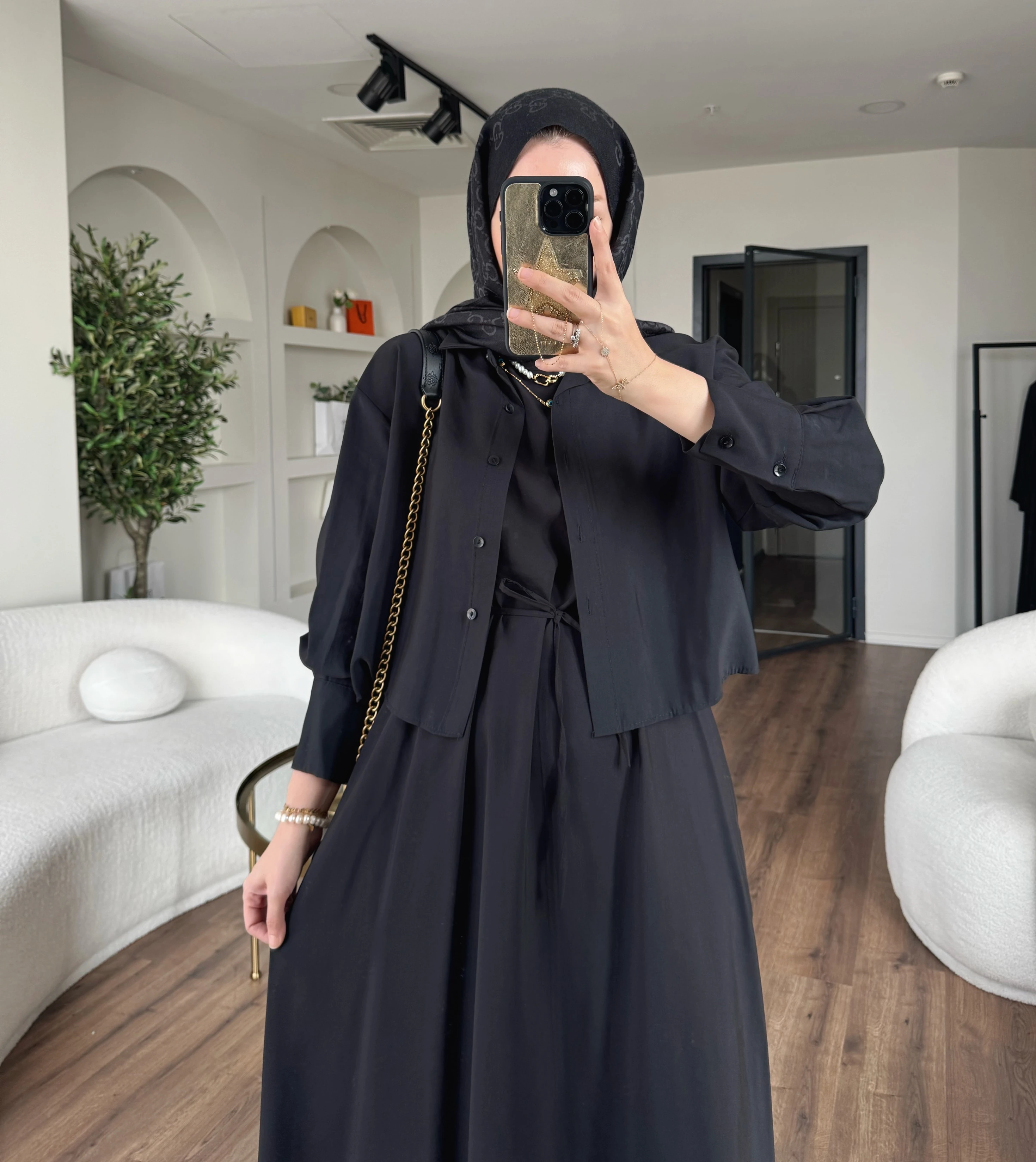 Laren gömlekli elbise - siyah 