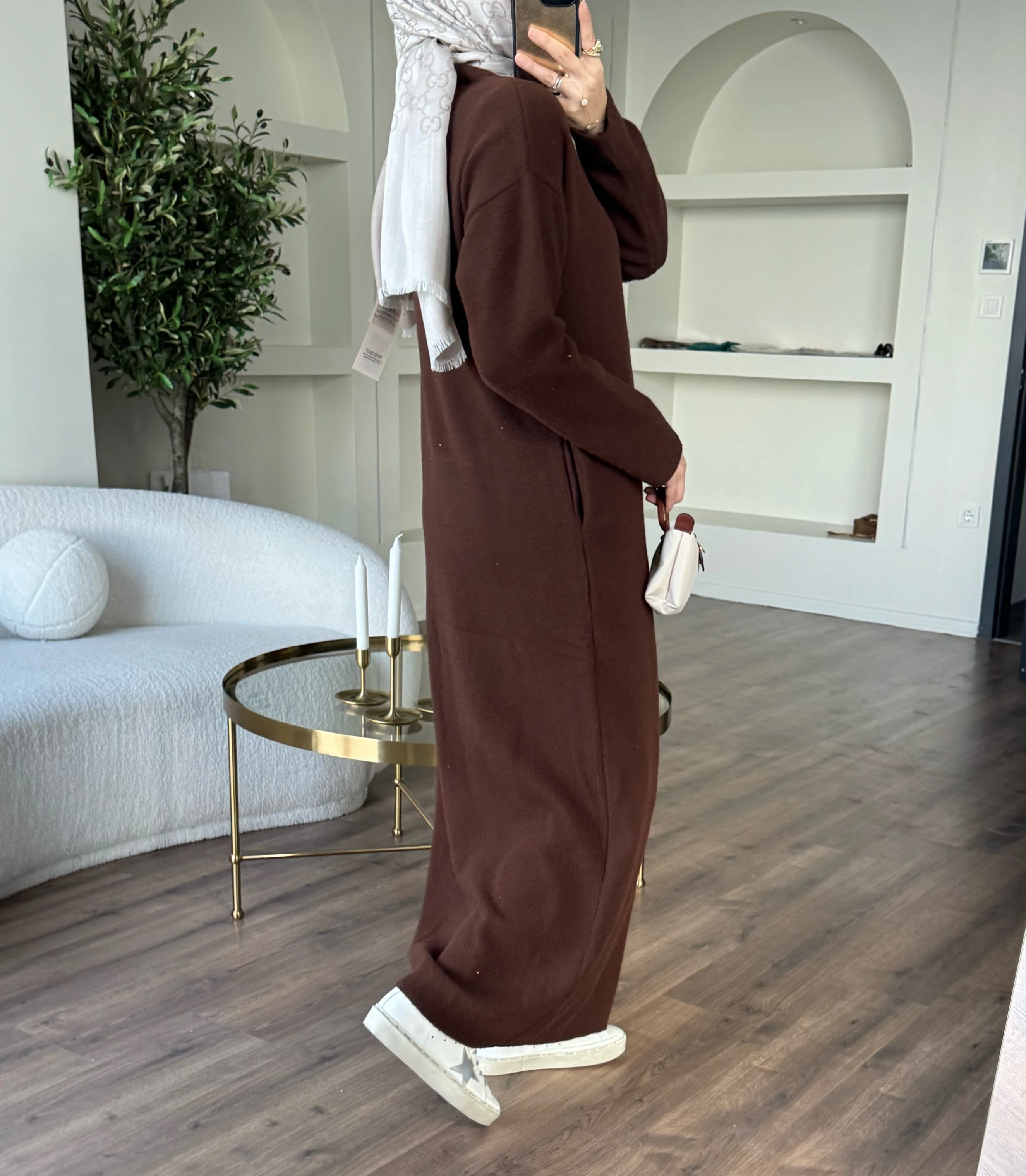 Tam boy angora hırka - kahverengi