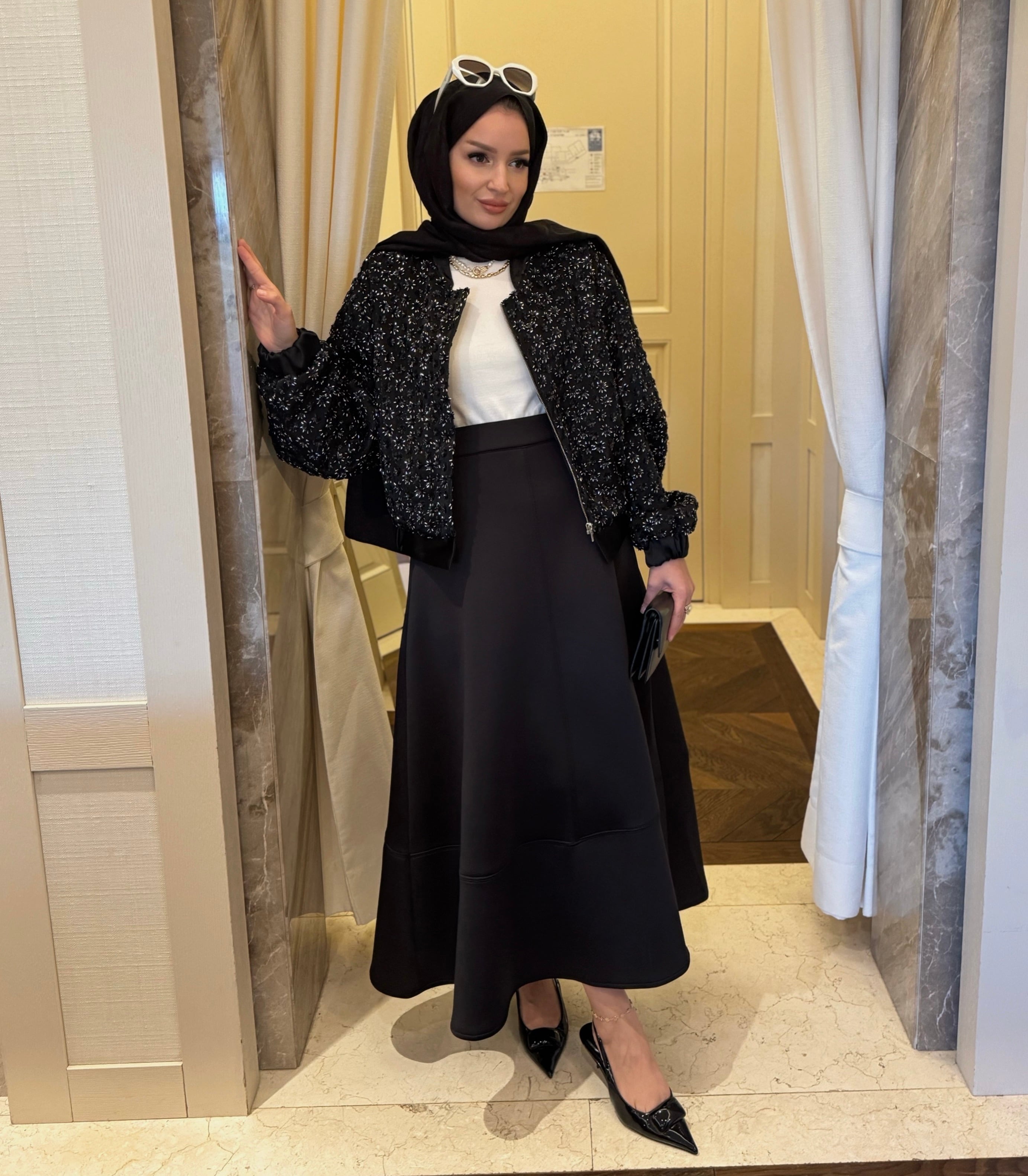 Glam payetli saten ceket - siyah