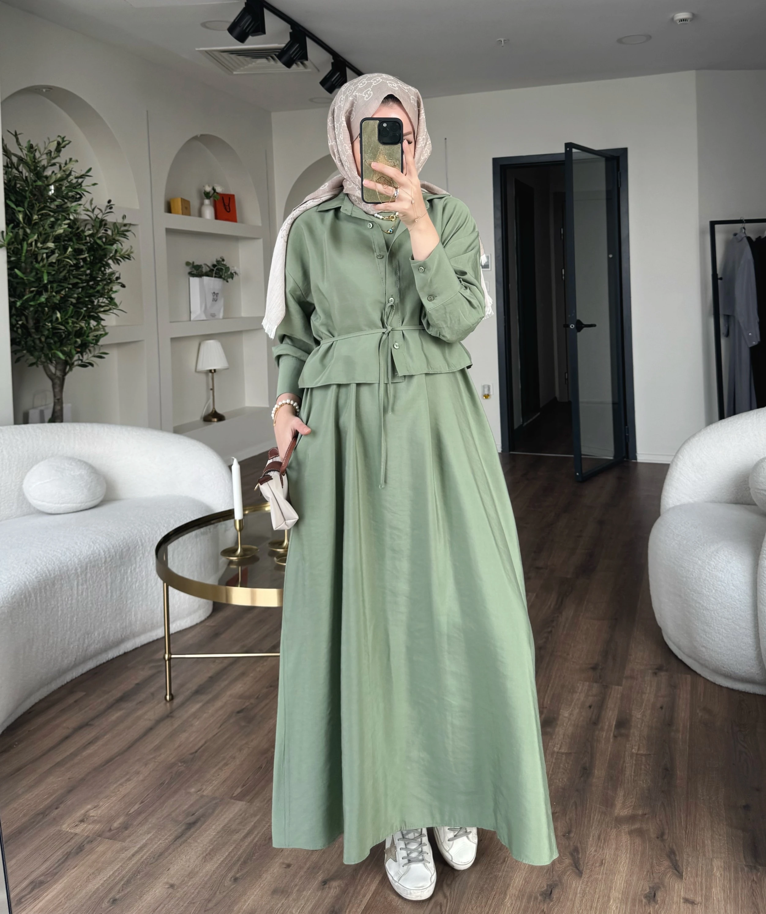 Laren gömlekli elbise - yeşil