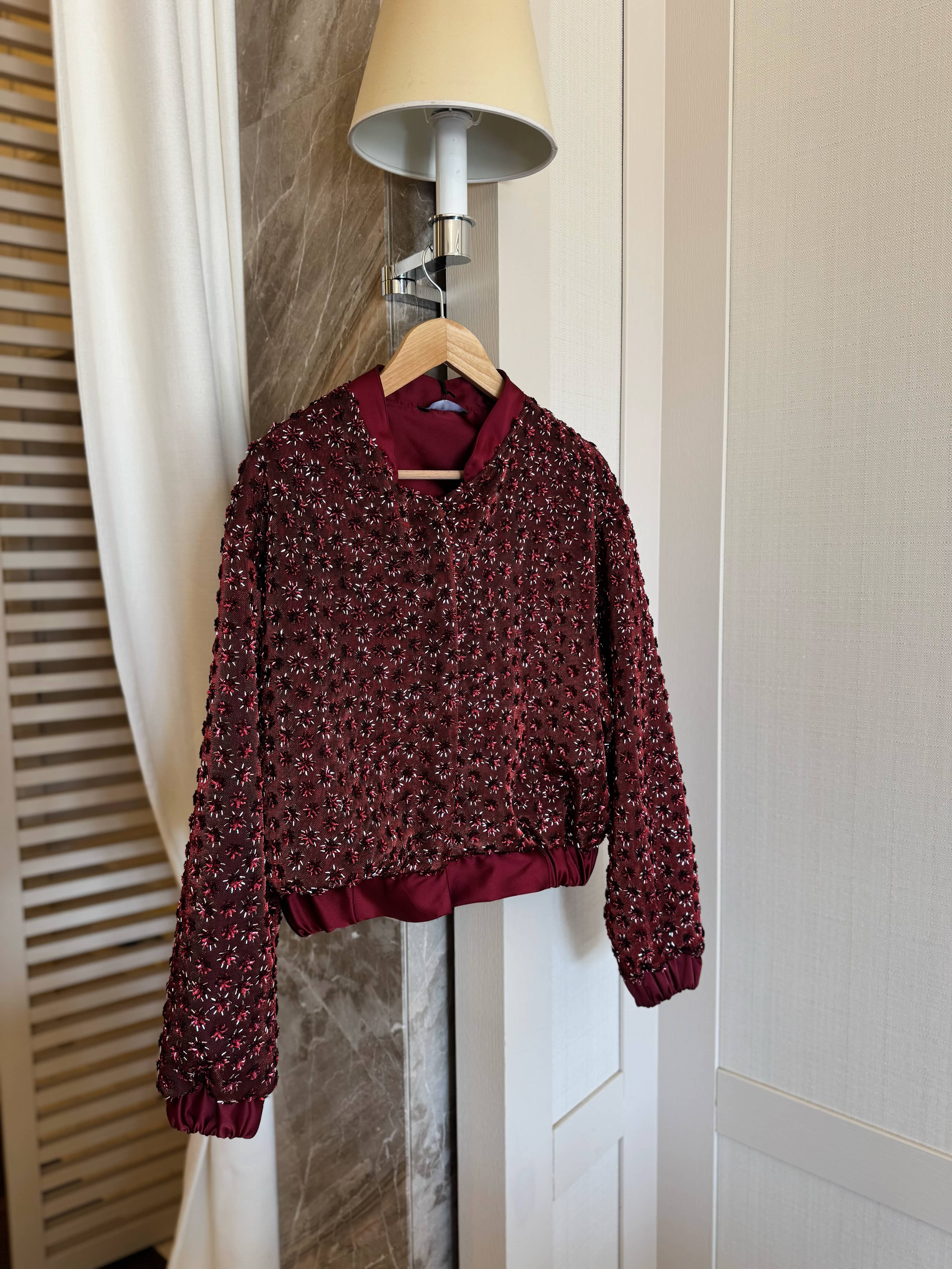 Glam payetli saten ceket -bordo
