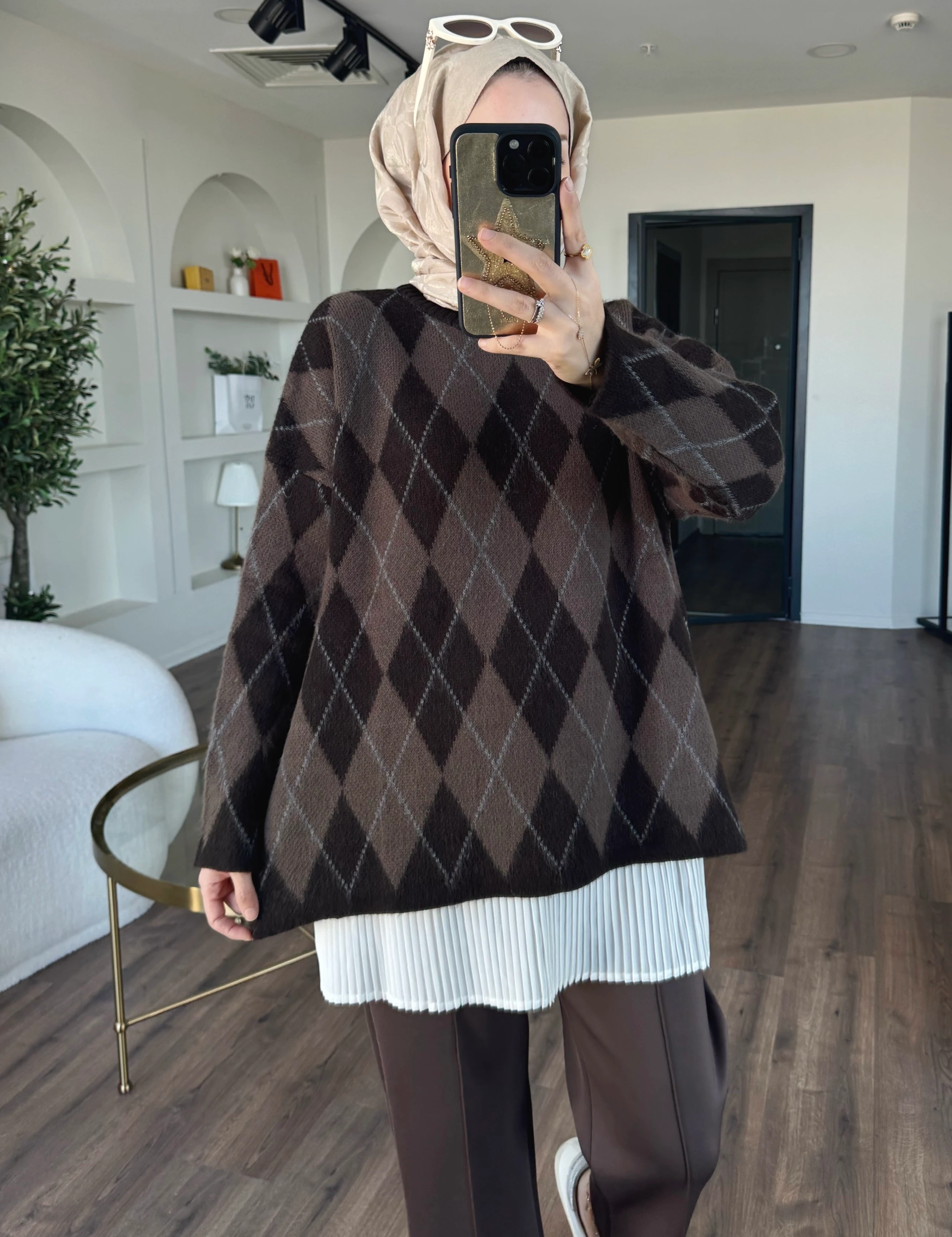 Baklava desen triko kazak - acıkahve