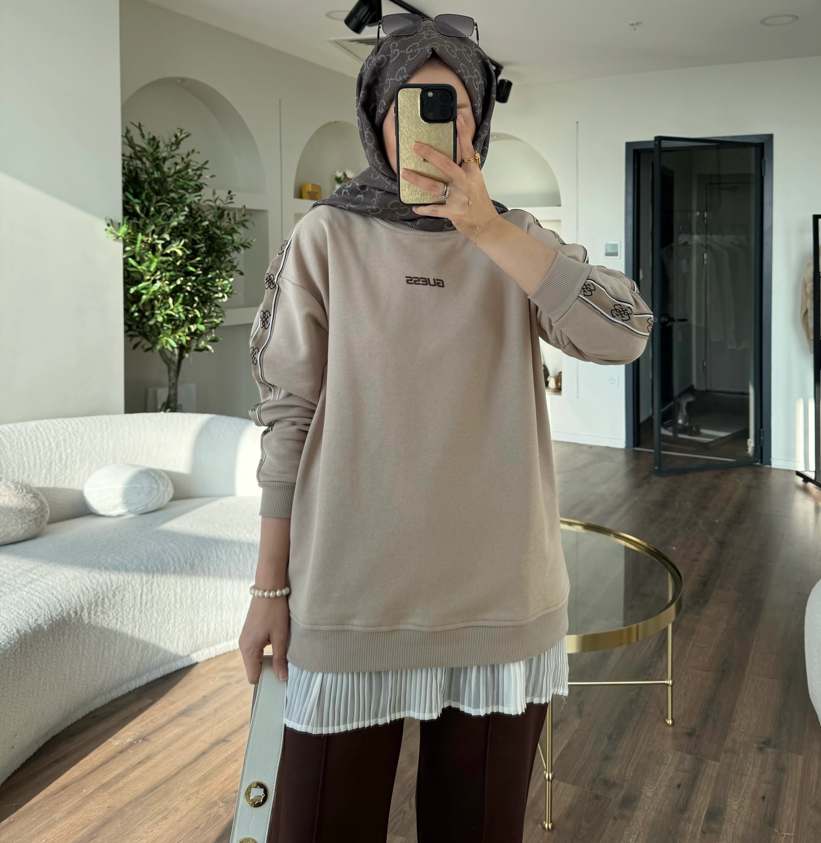 Kolları şeritli sweat - taş