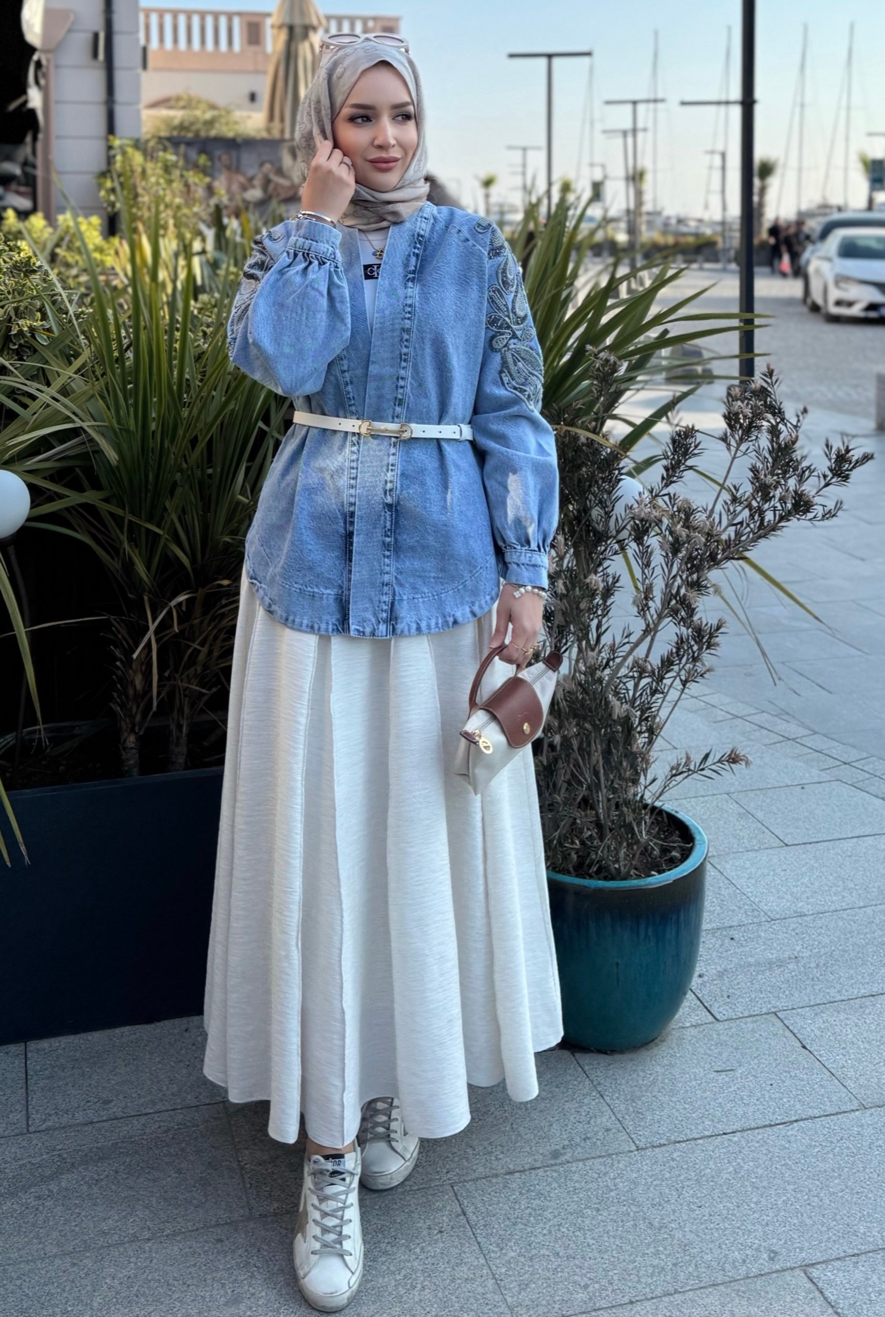 İşlemeli kimono kot ceket 
