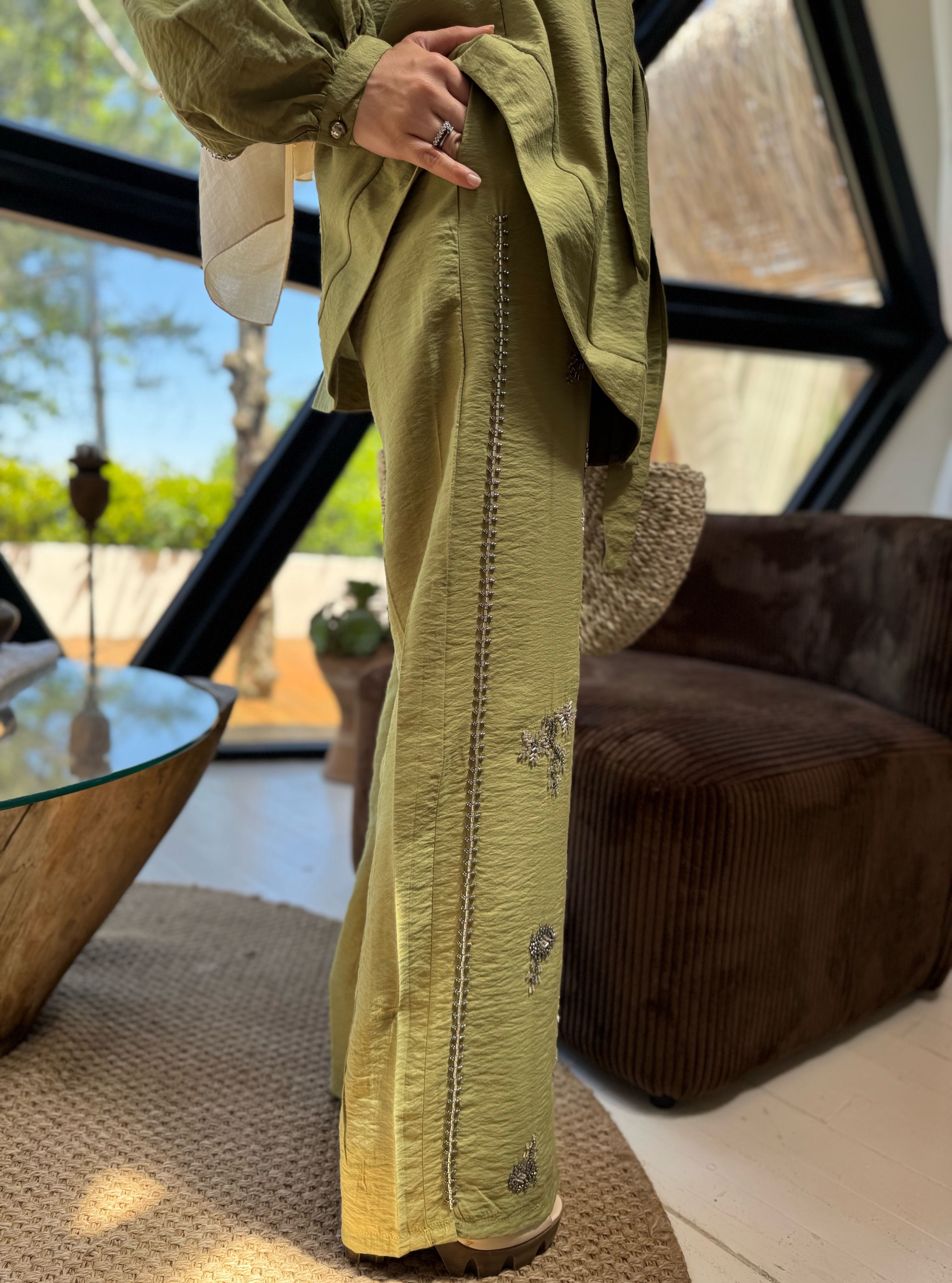 İşlemeli Kimono Takım - Yağ yeşili 