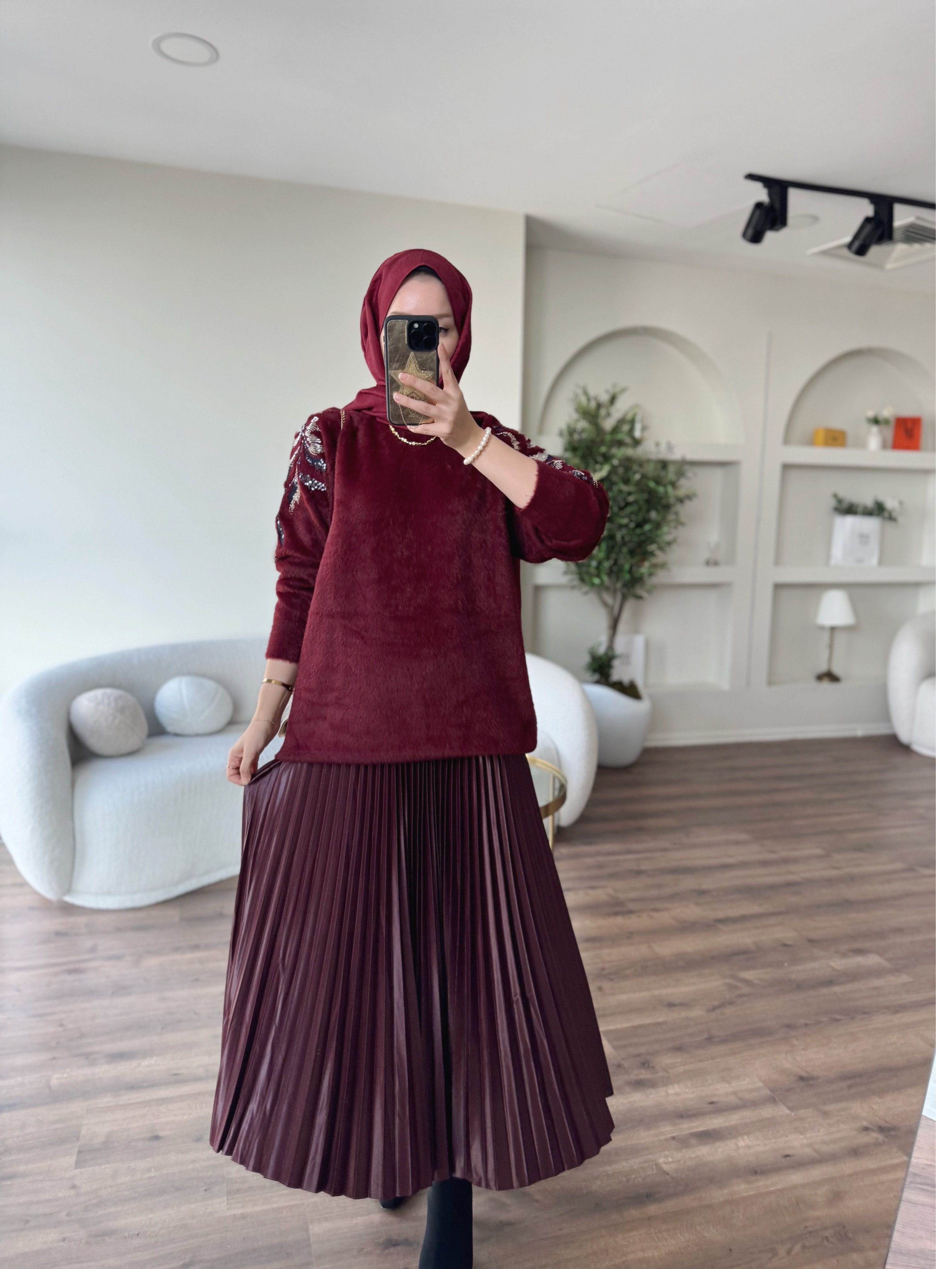 İşlemeli angora kazak - bordo 