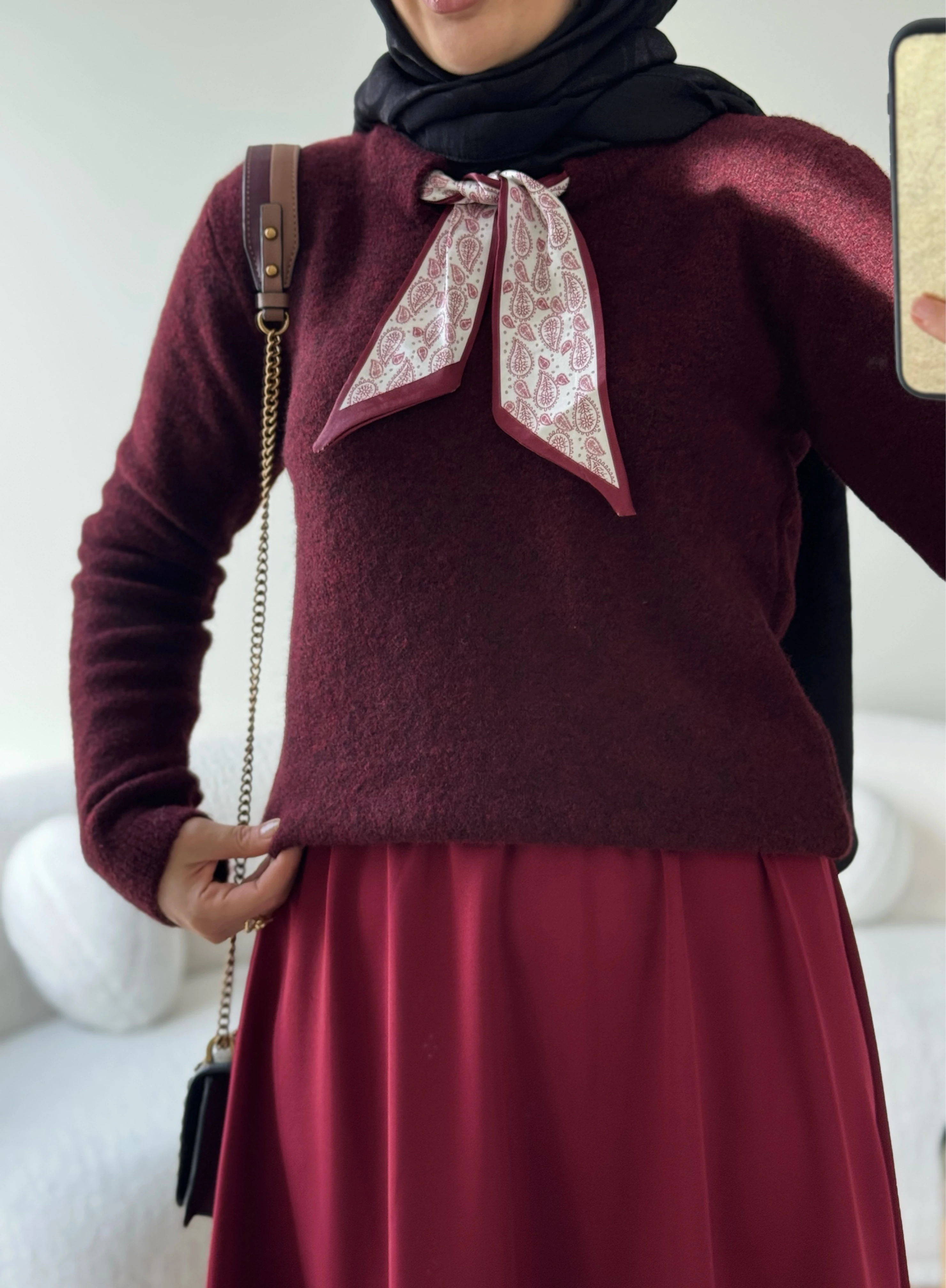 Fularlı triko kazak - bordo