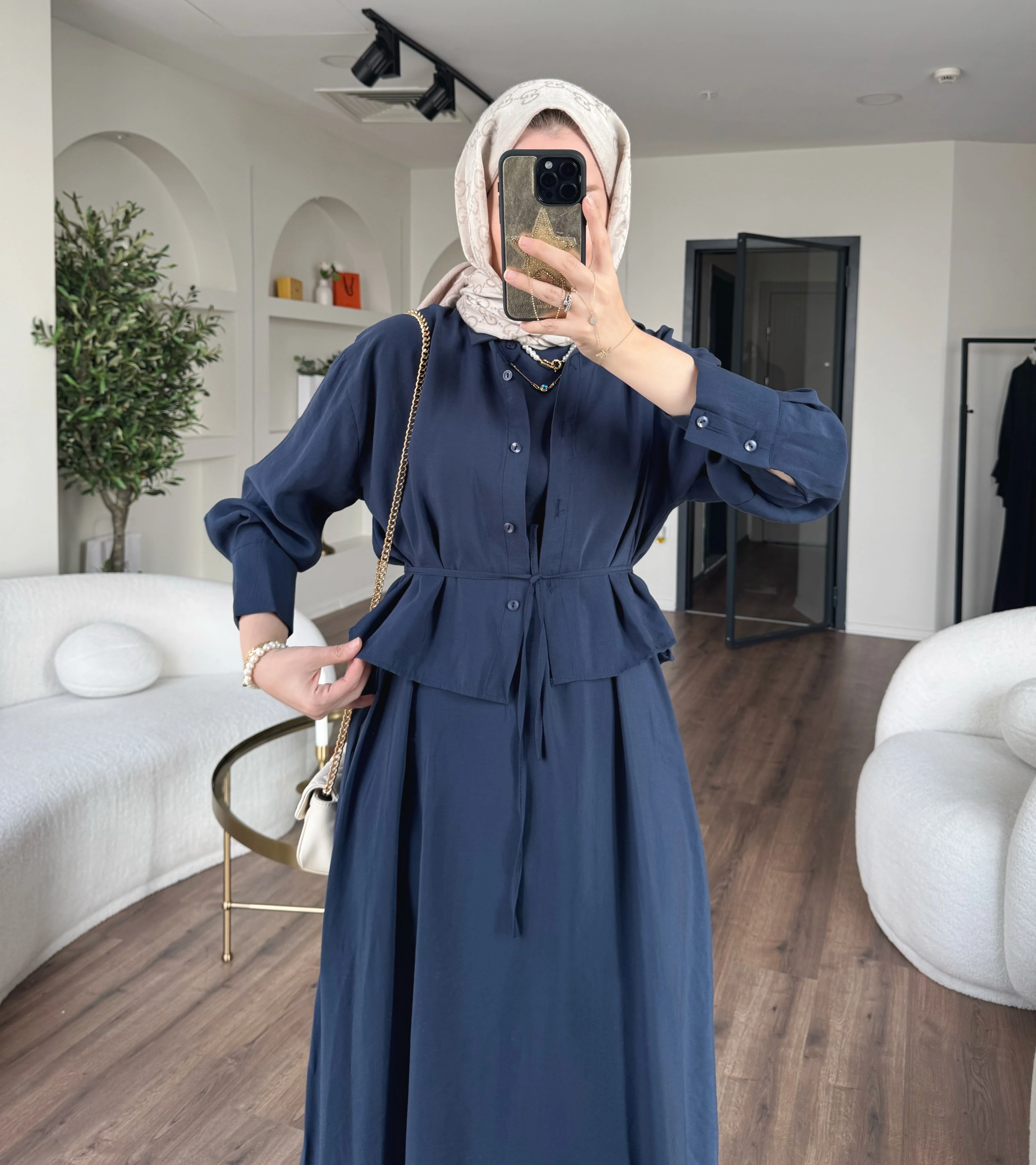 Laren gömlekli elbise - lacivert 