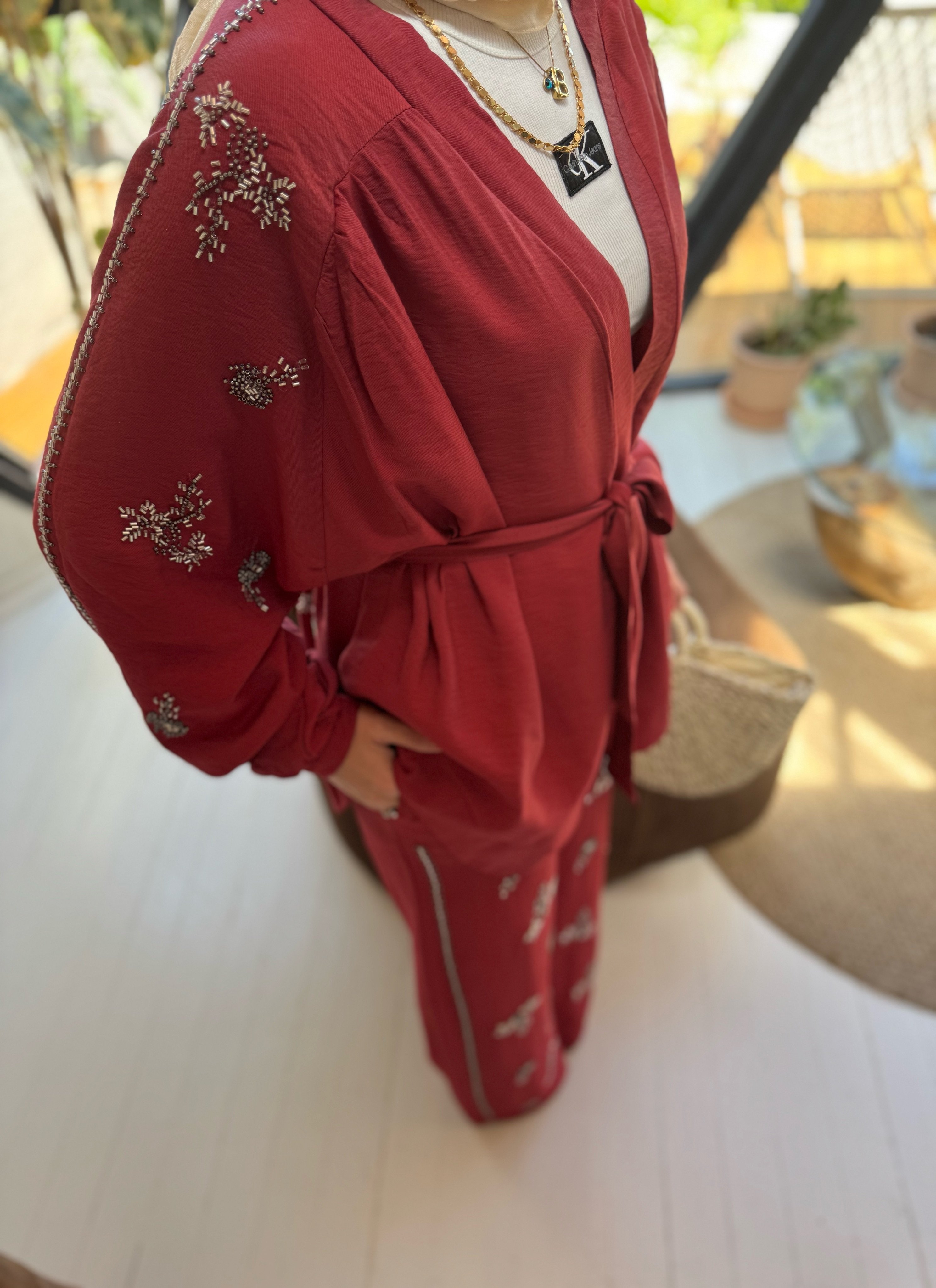 İşlemeli Kimono Takım - Bordo