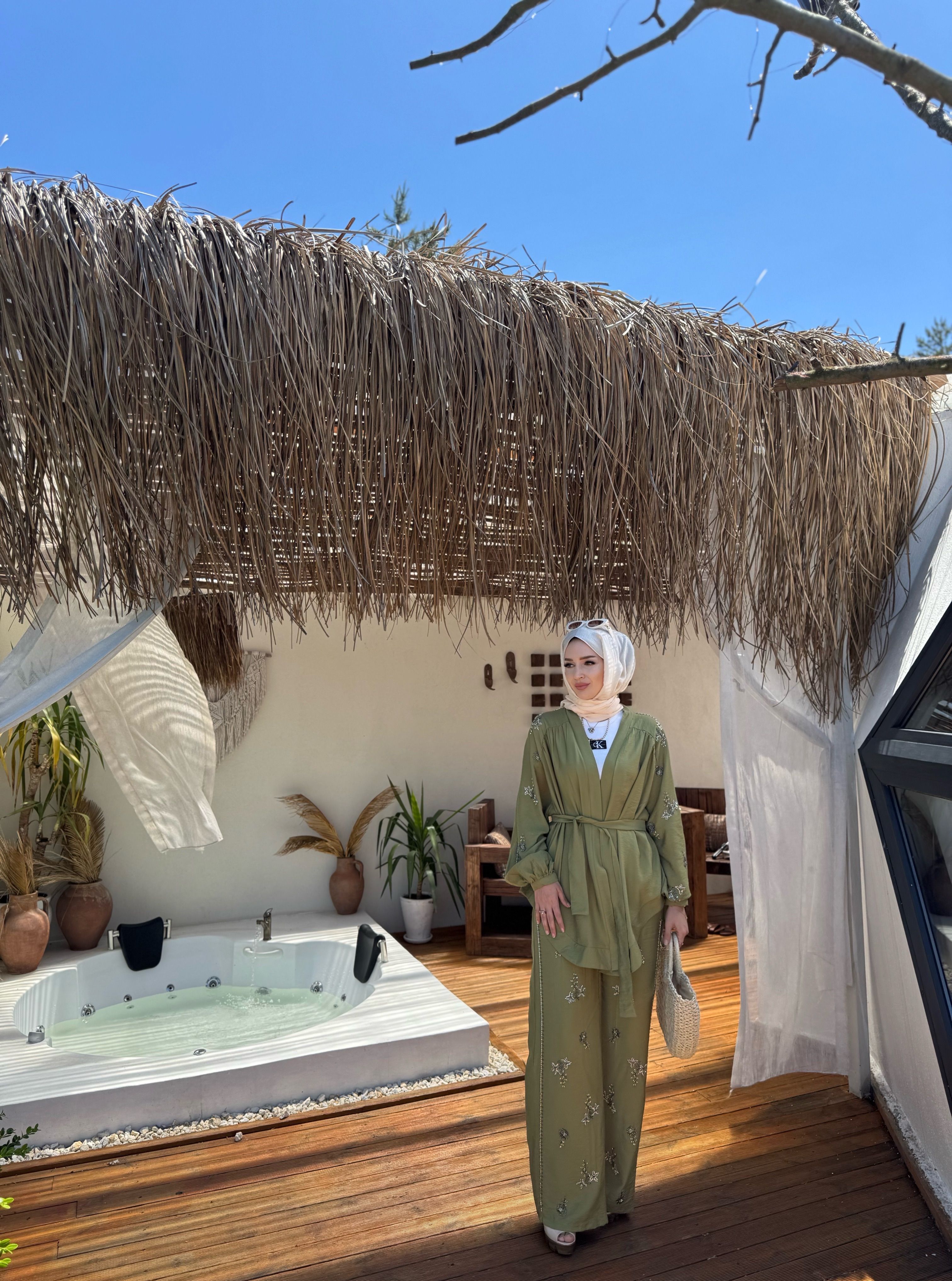 İşlemeli Kimono Takım - Yağ yeşili 