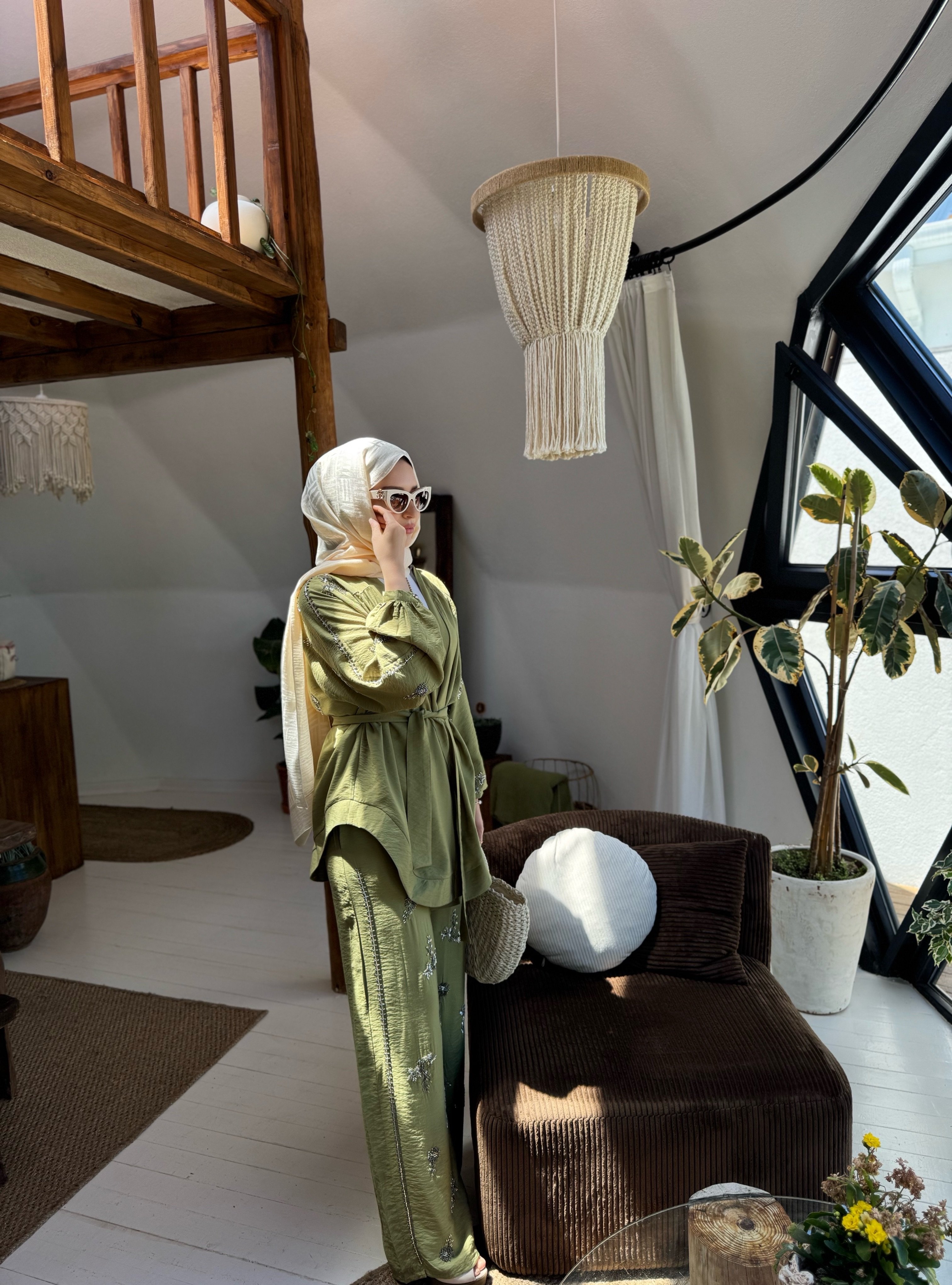 İşlemeli Kimono Takım - Yağ yeşili 