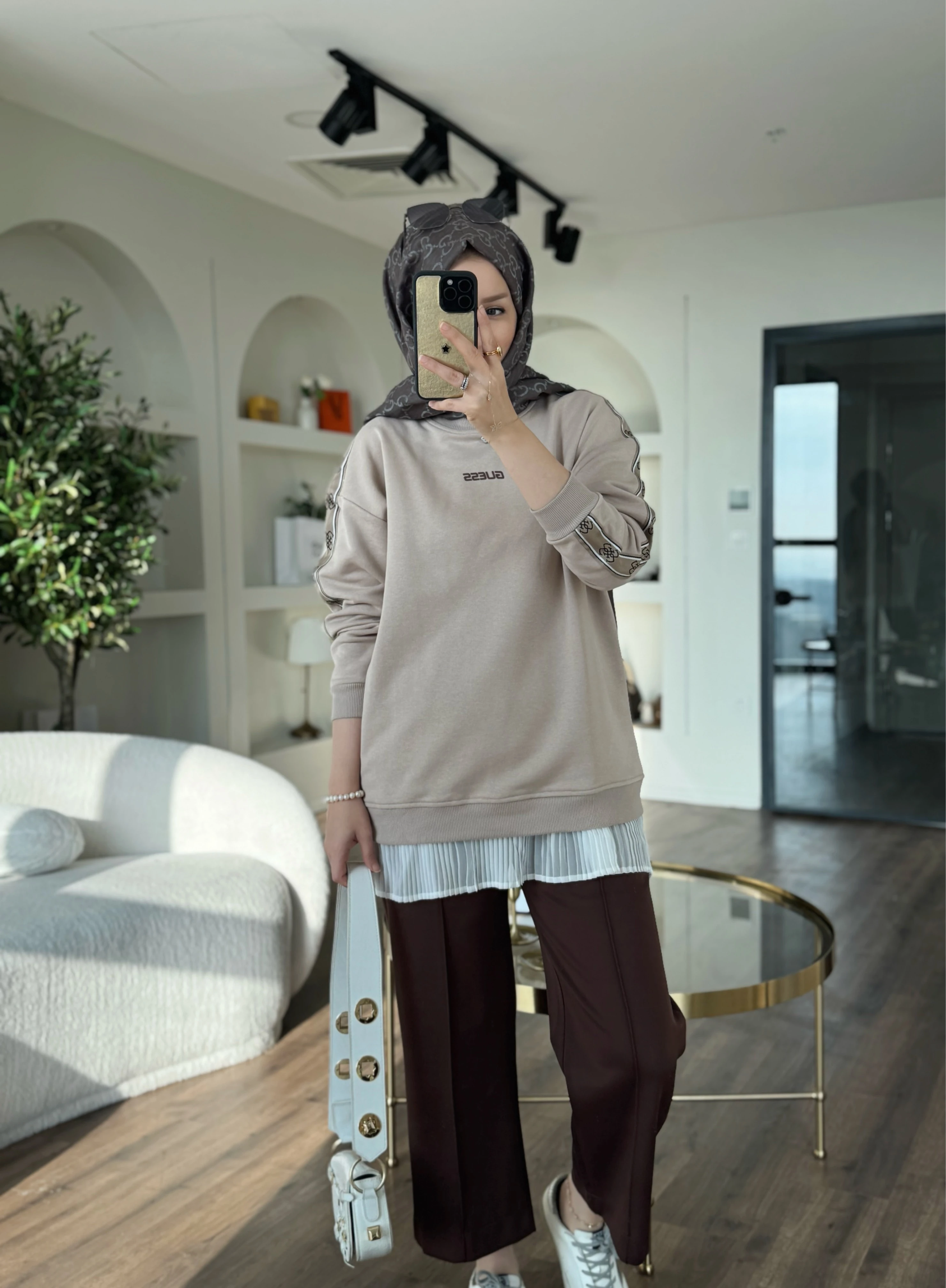 Kolları şeritli sweat - taş