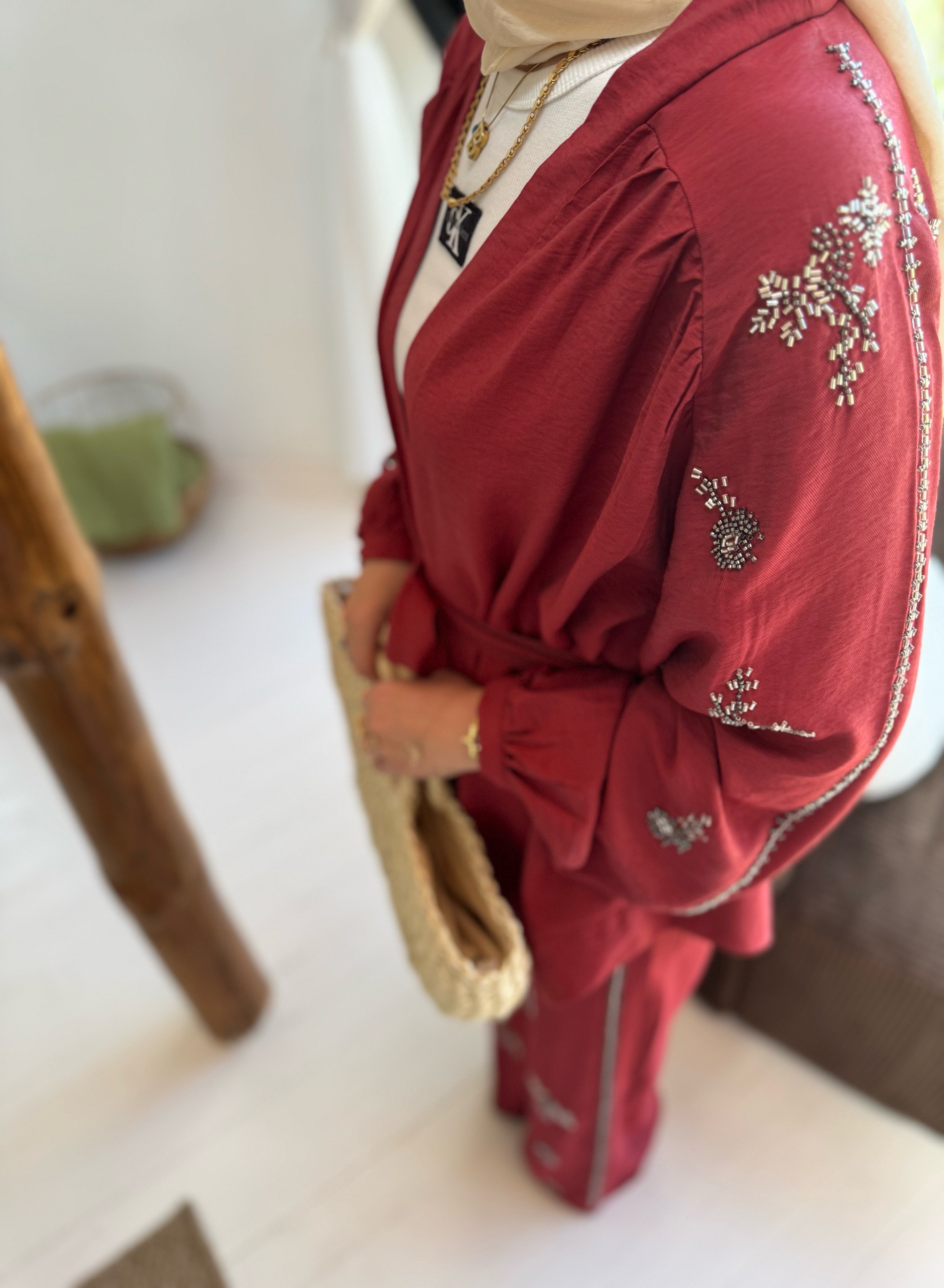 İşlemeli Kimono Takım - Bordo
