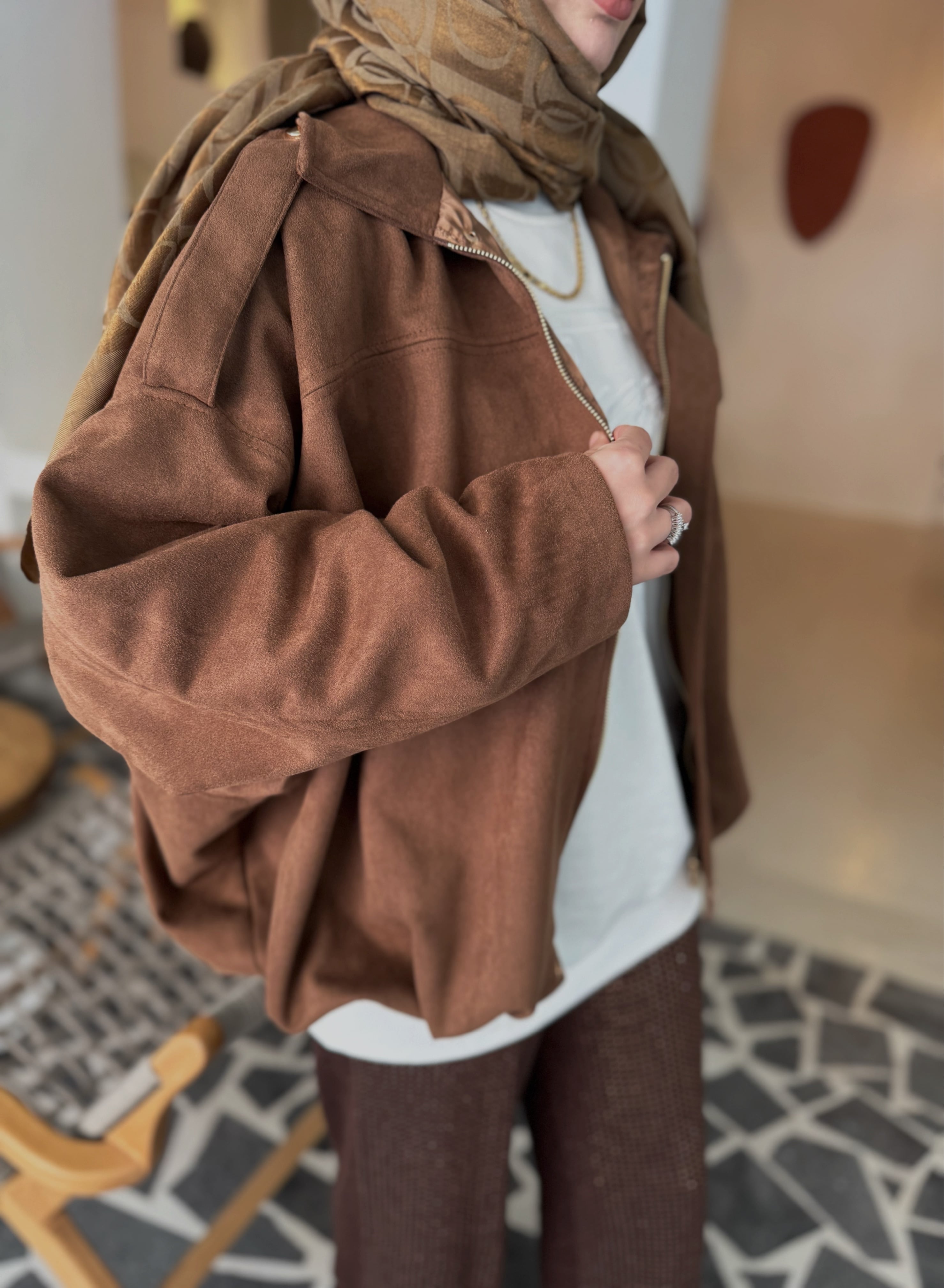 Süet bomber ceket - camel