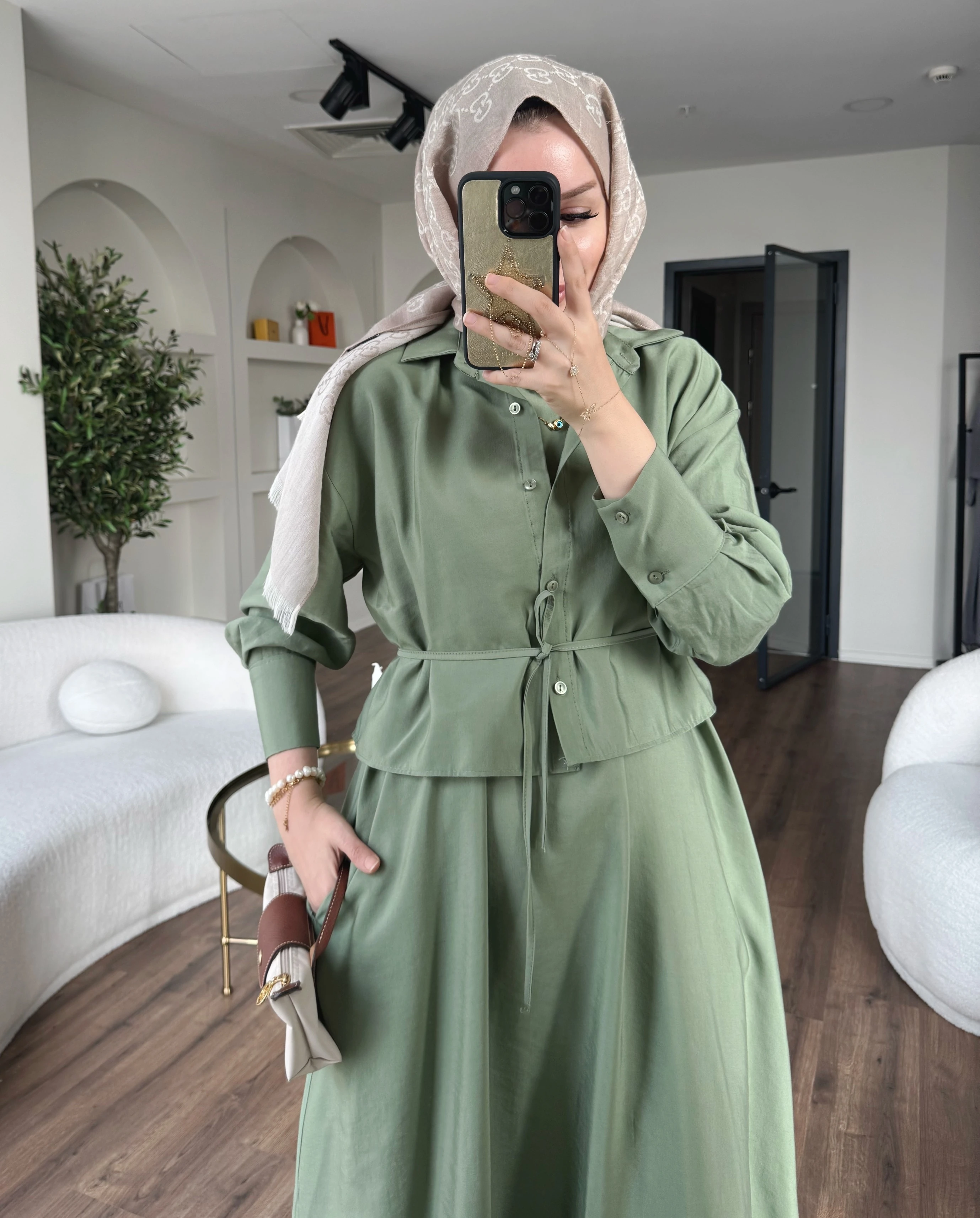 Laren gömlekli elbise - yeşil