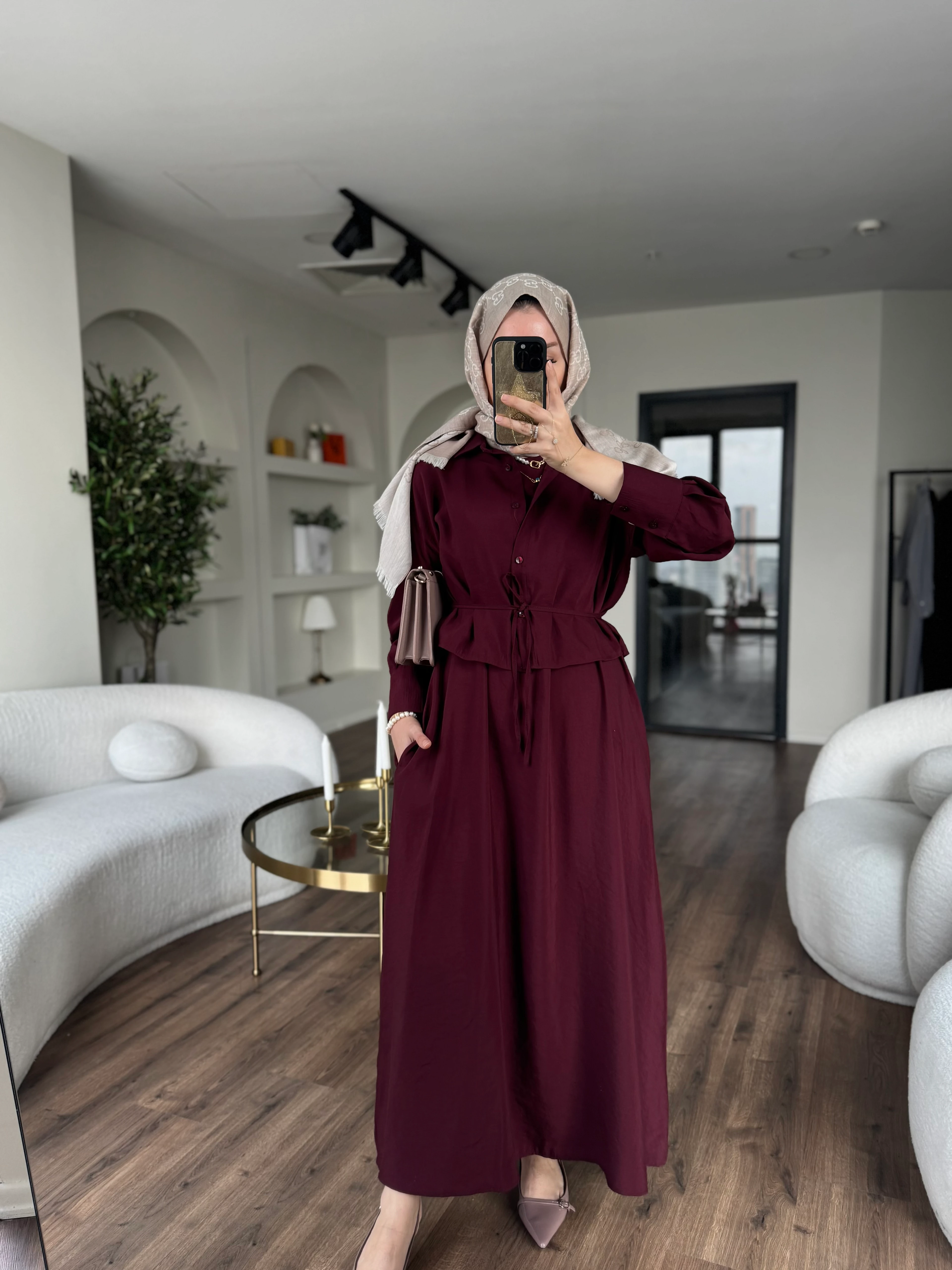 Laren gömlekli elbise - bordo