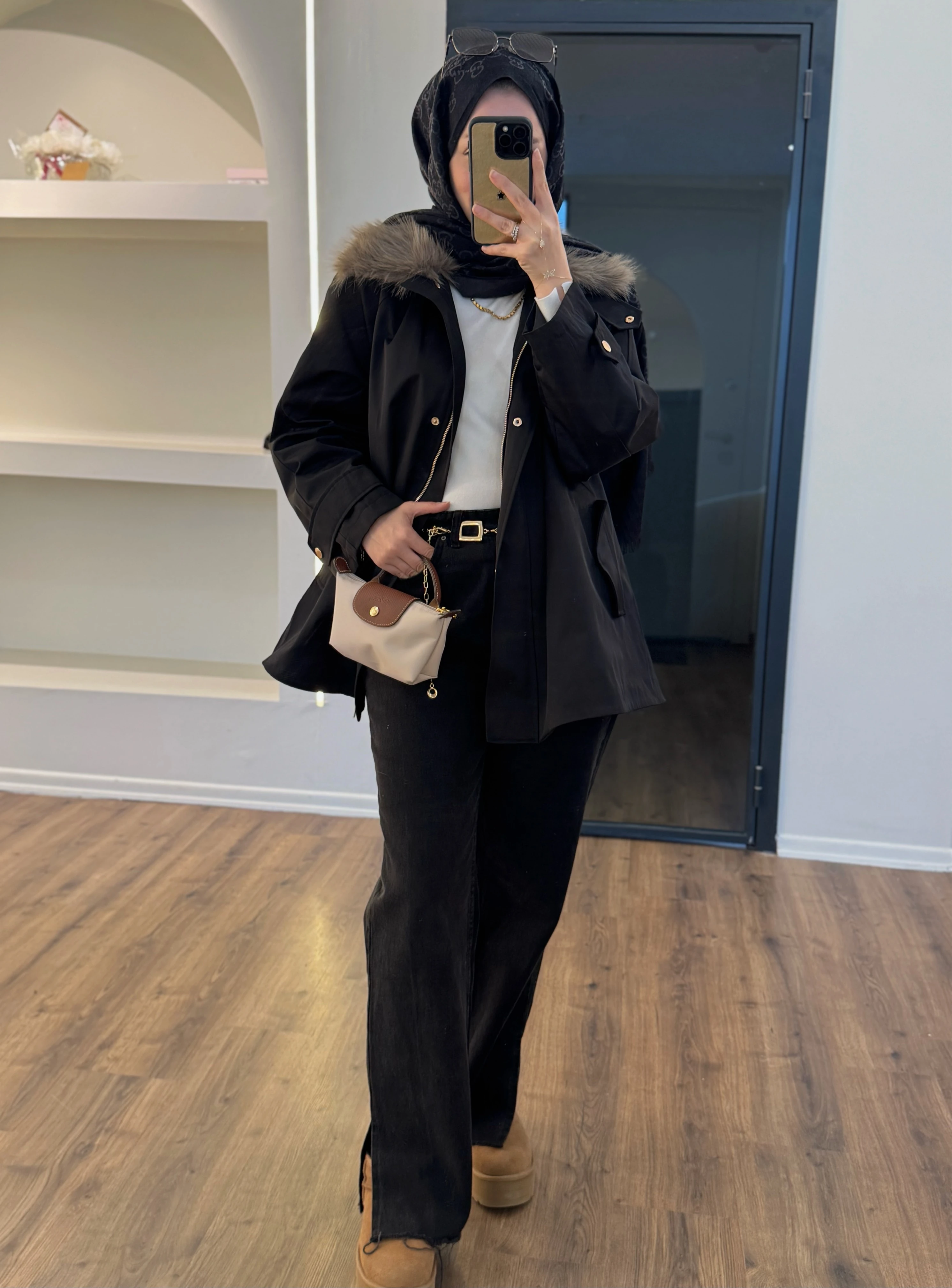 Kürklü parka - siyah 