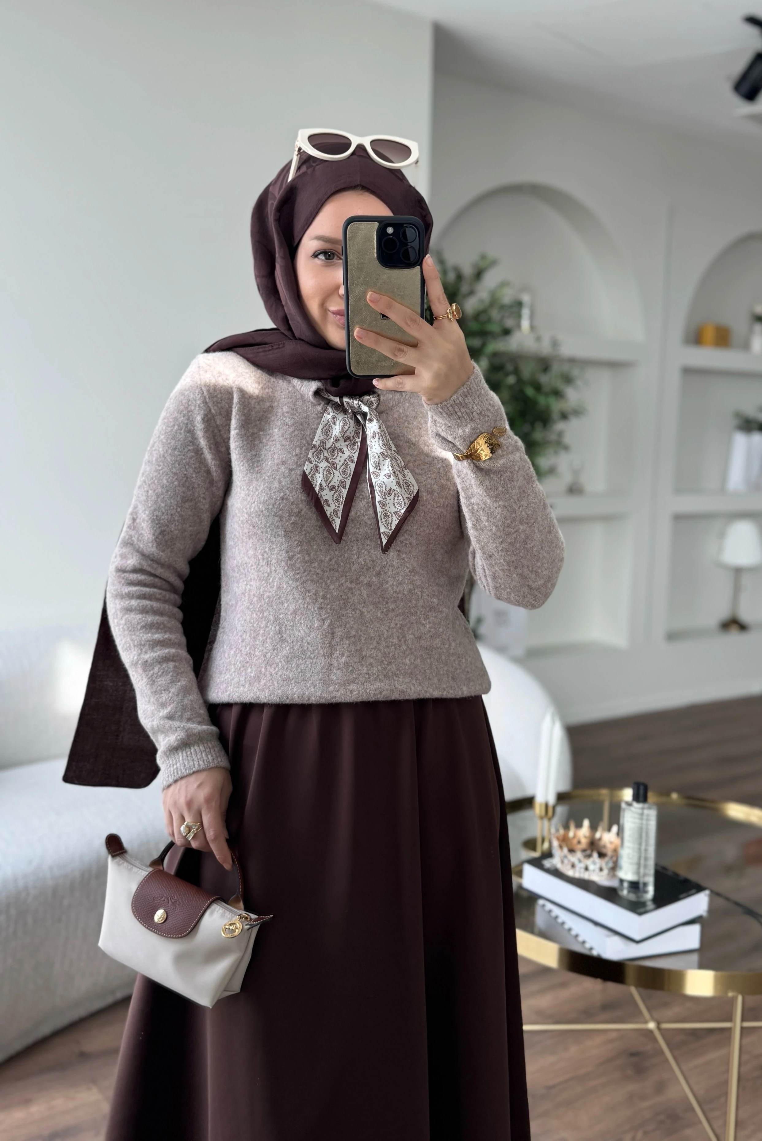 Fularlı triko kazak - kahverengi