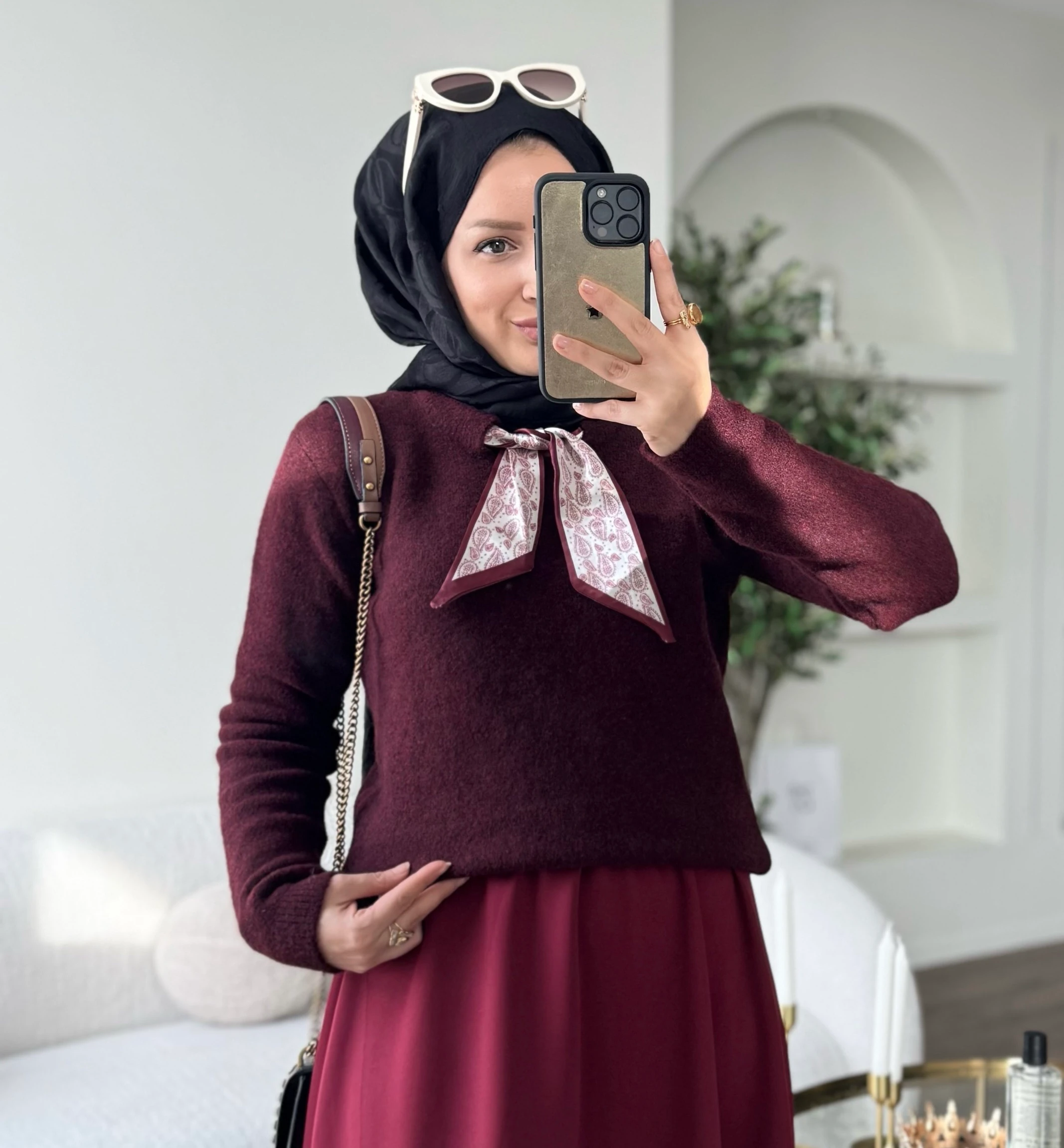 Fularlı triko kazak - bordo