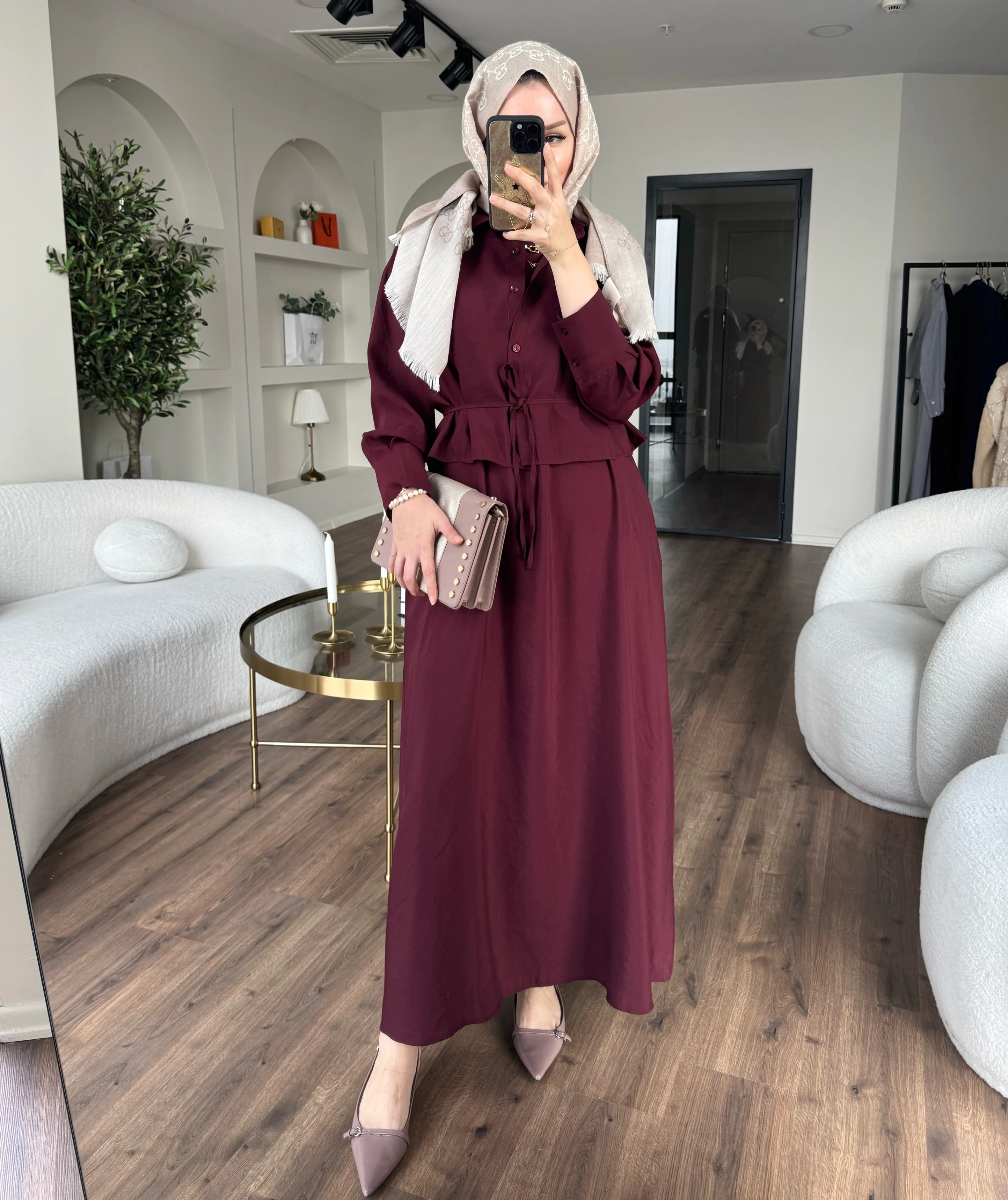 Laren gömlekli elbise - bordo