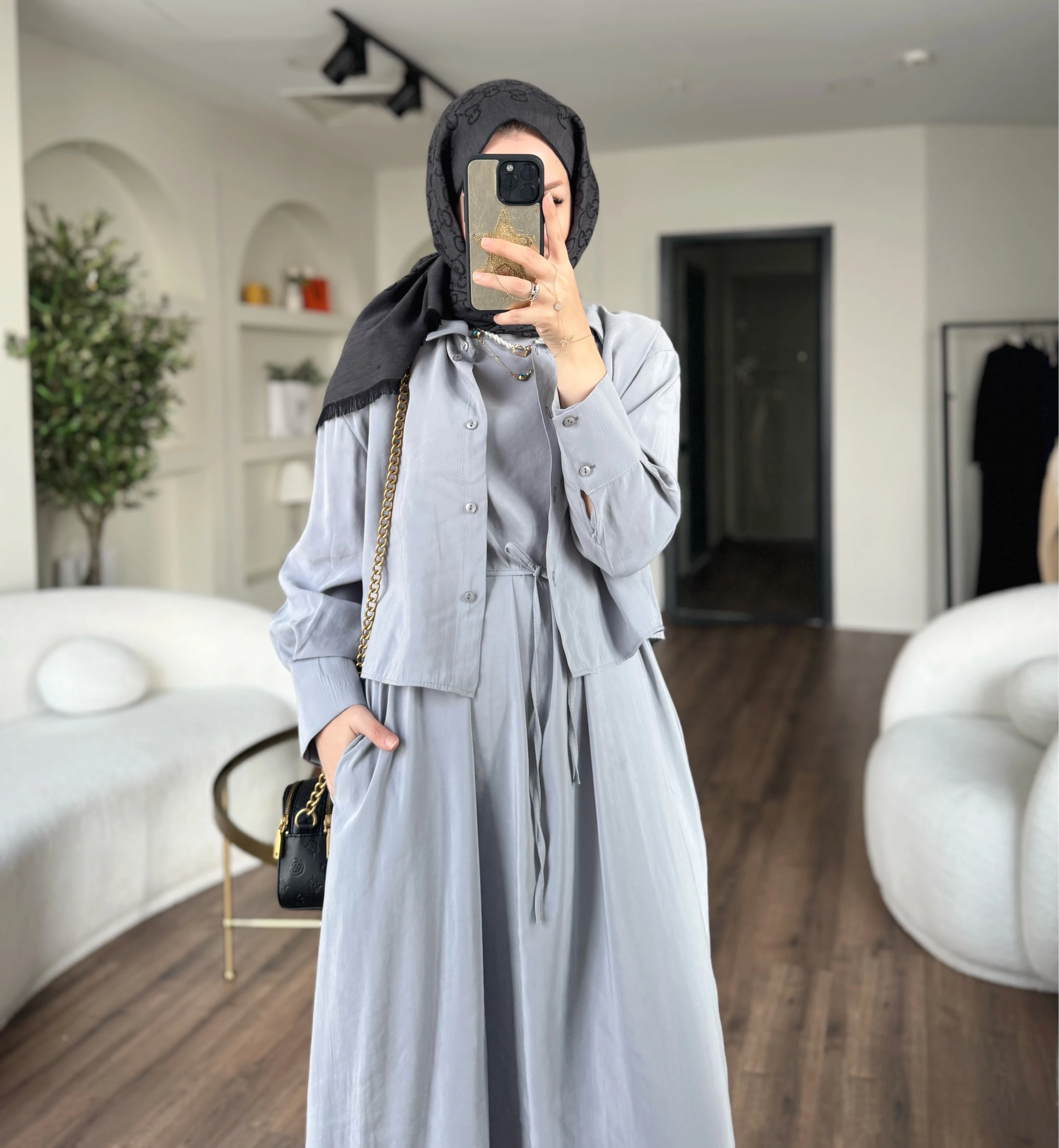 Laren gömlekli elbise - gri