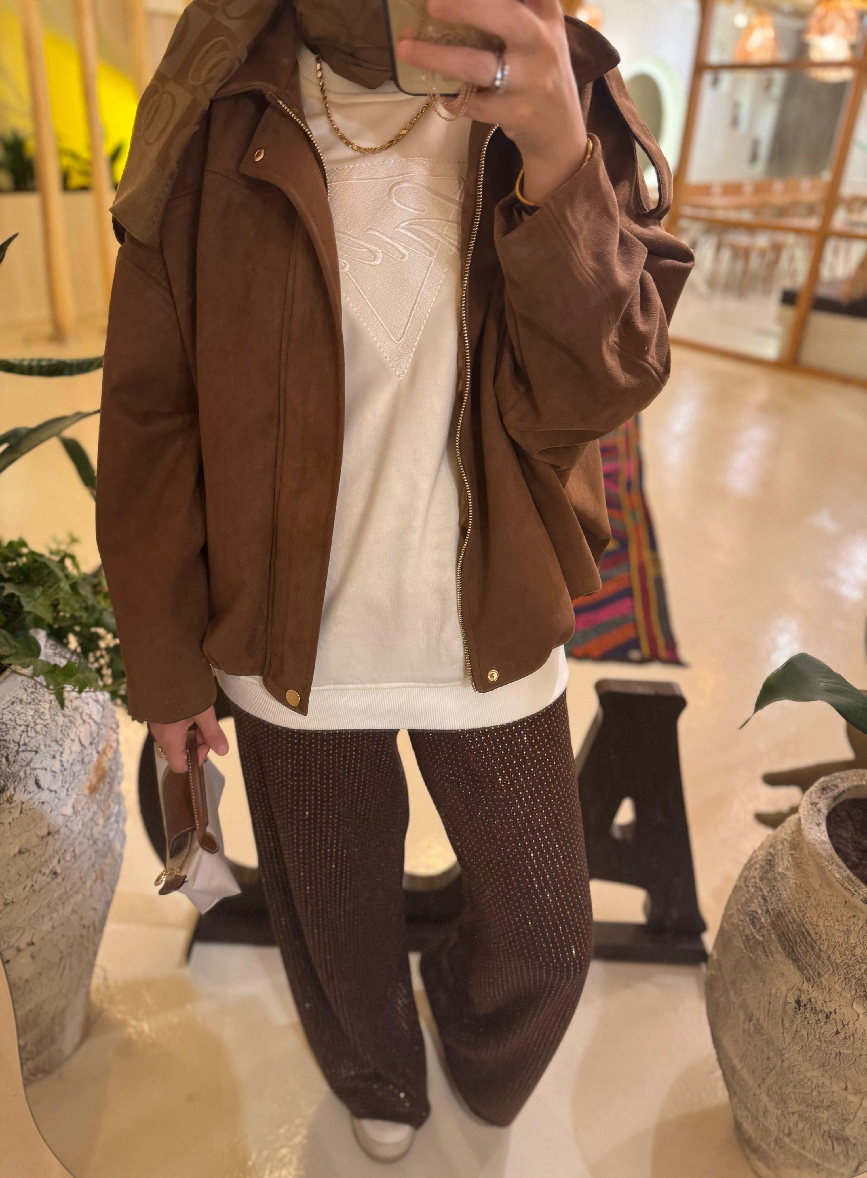 Taşlı merserize pantolon - kahve