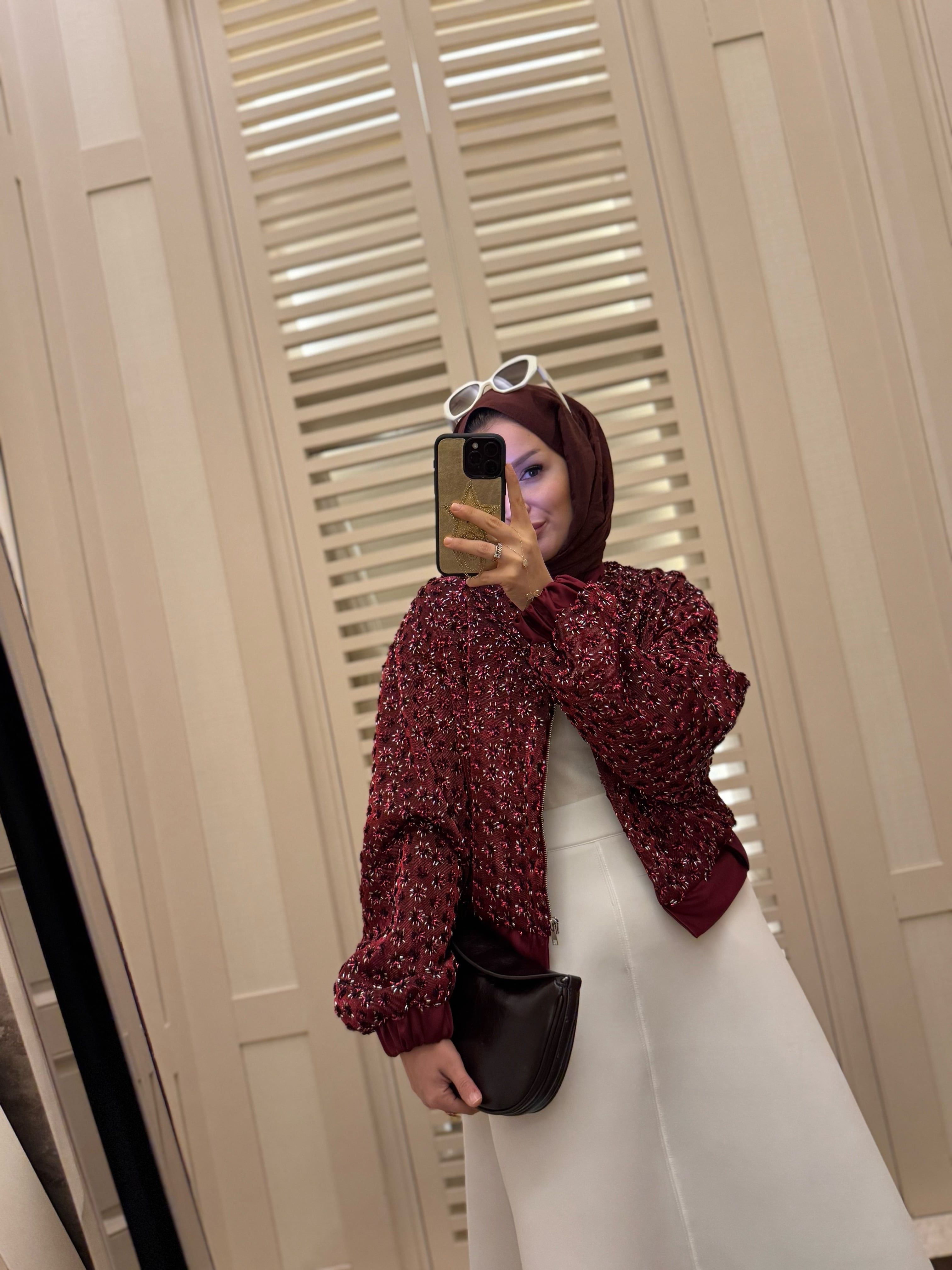Glam payetli saten ceket -bordo