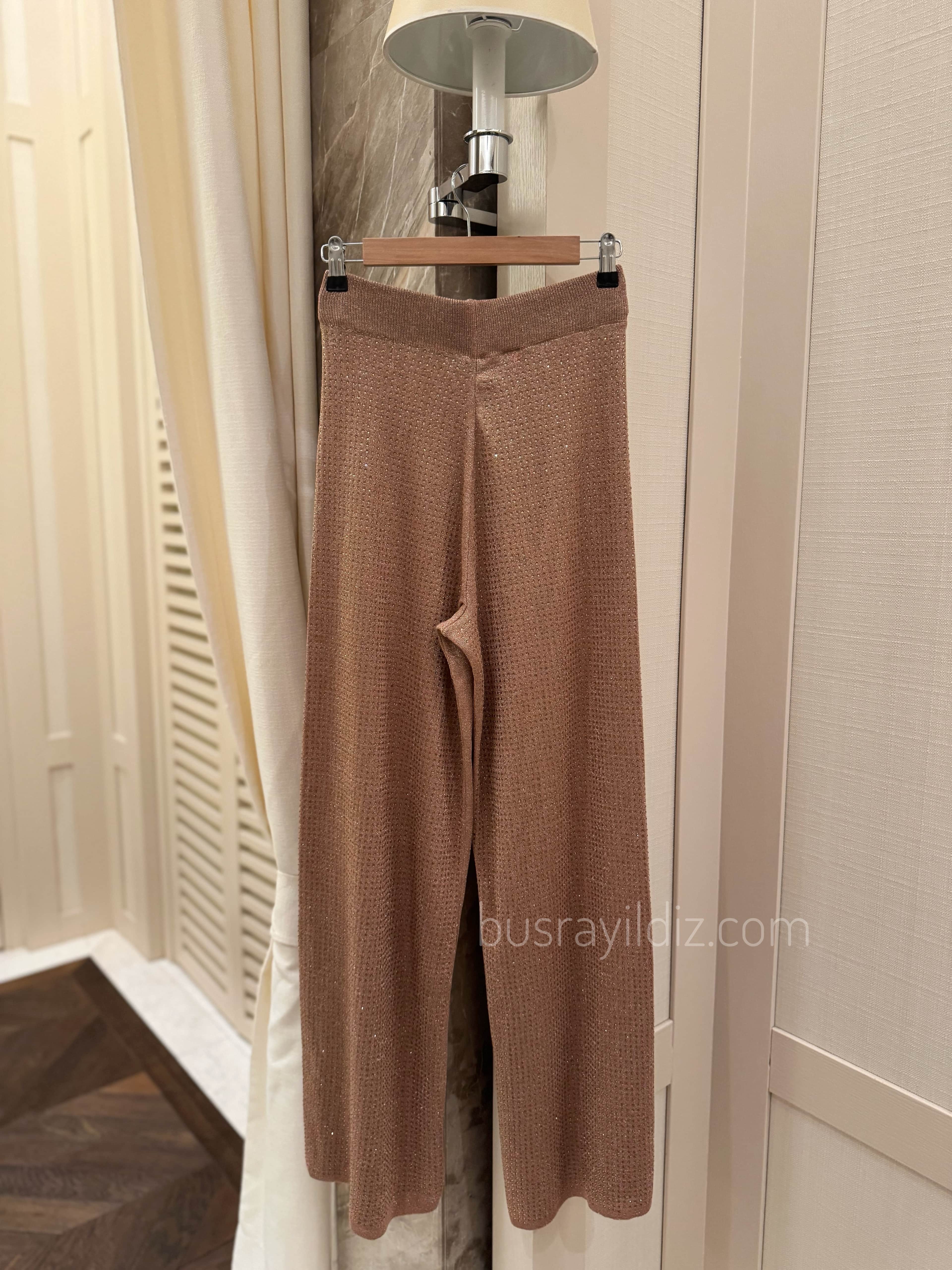 Taşlı merserize pantolon- vizon