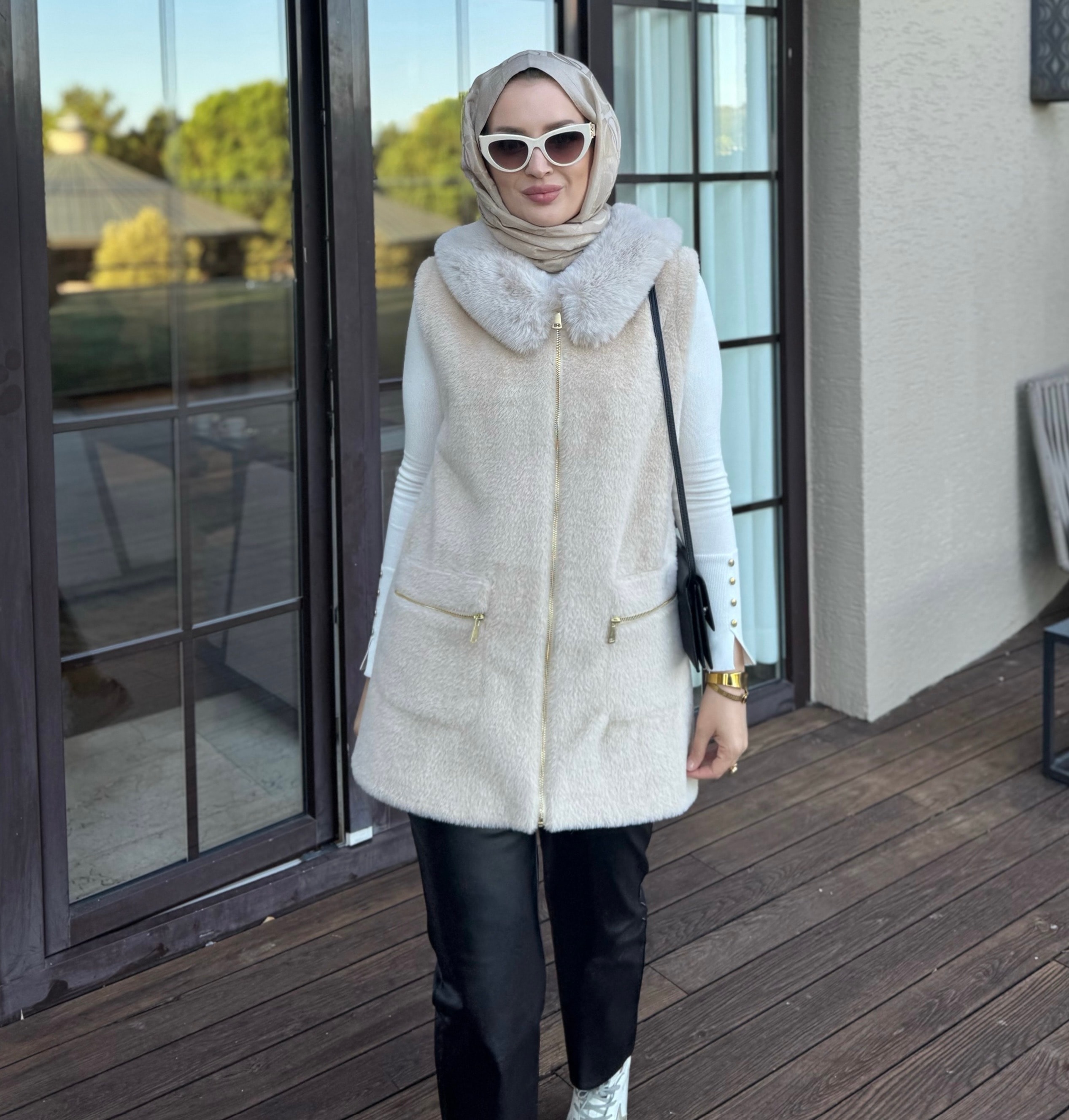 Angora kürk yelek - taş 