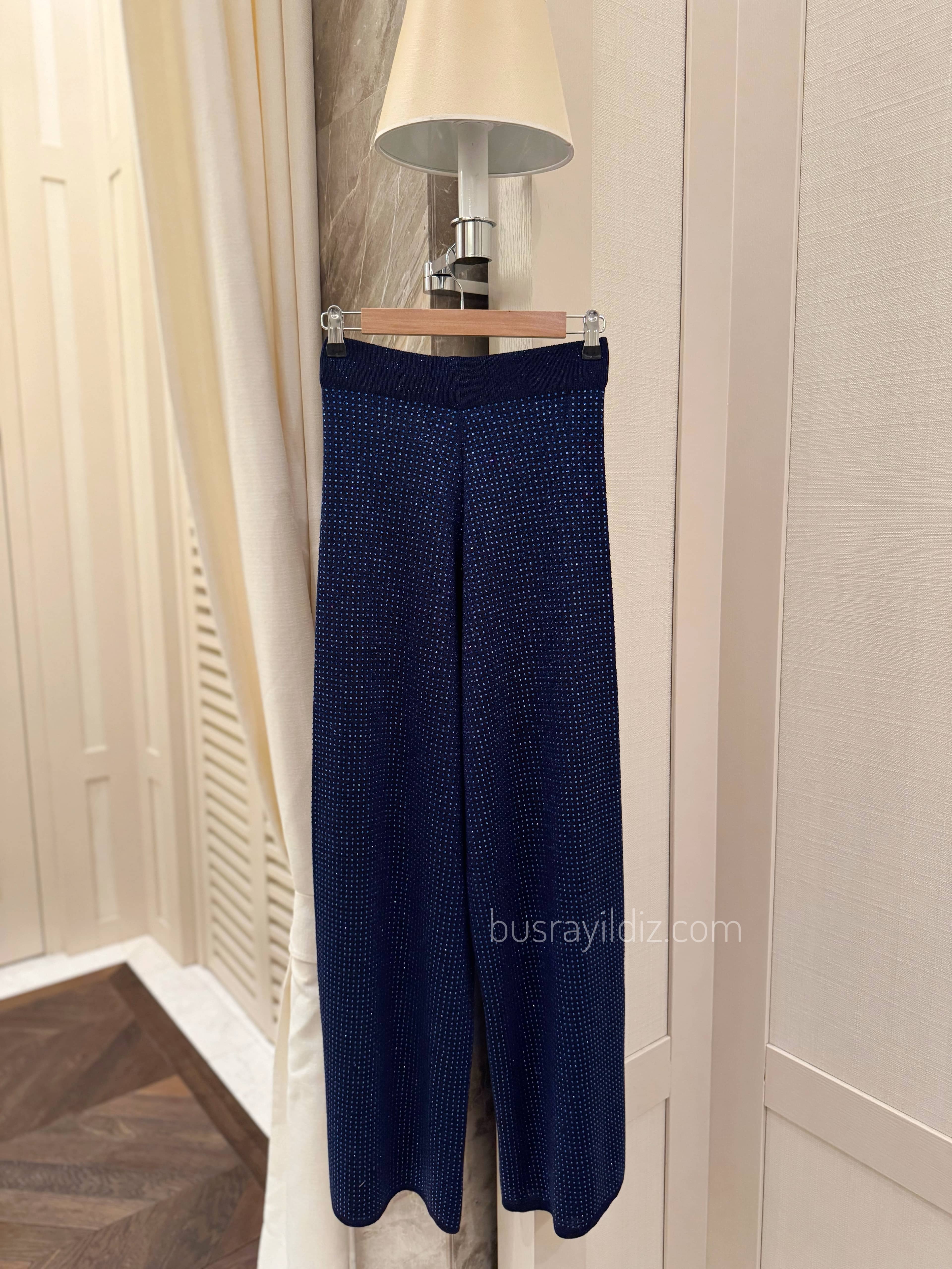 Taşlı merserize pantolon - Lacivert 