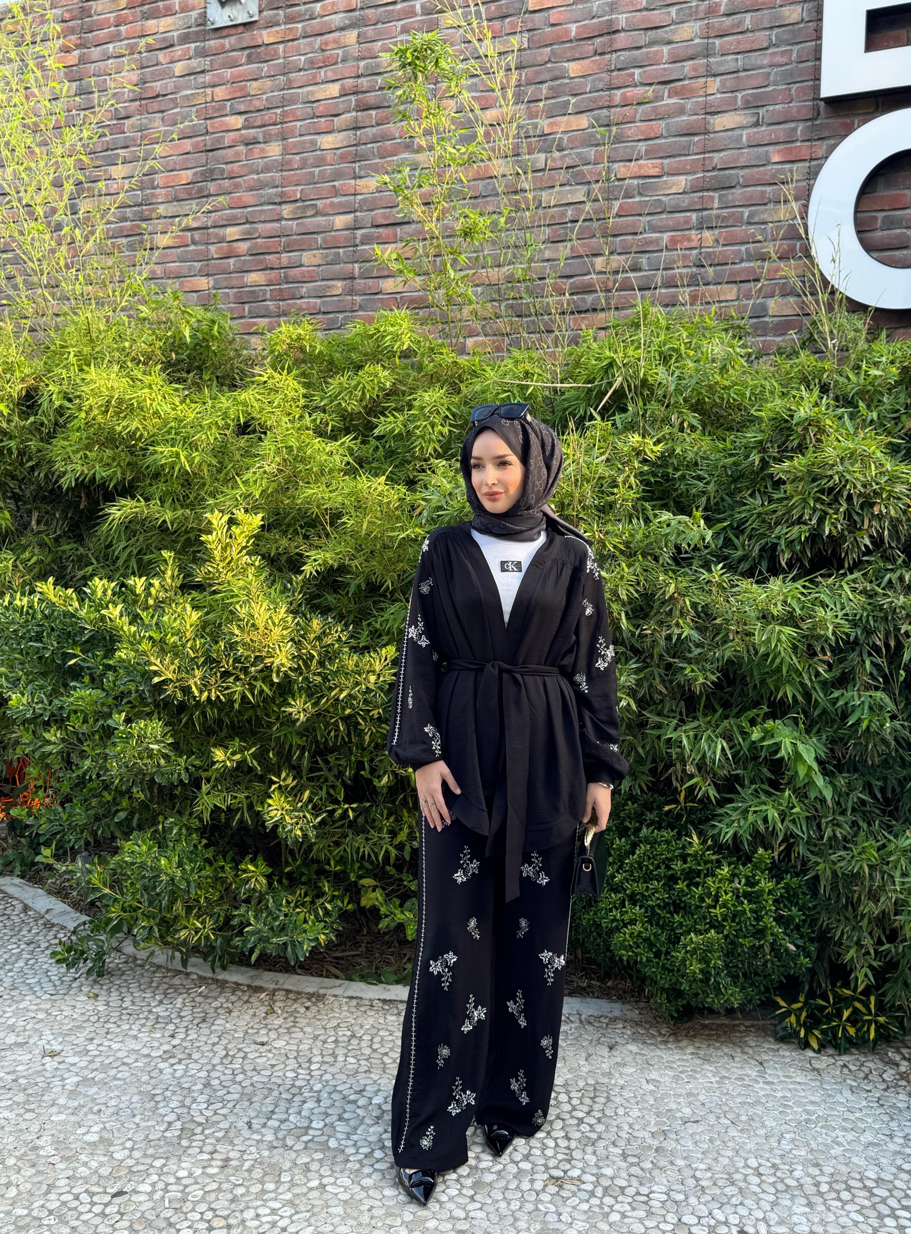 İşlemeli Kimono Takım - Siyah