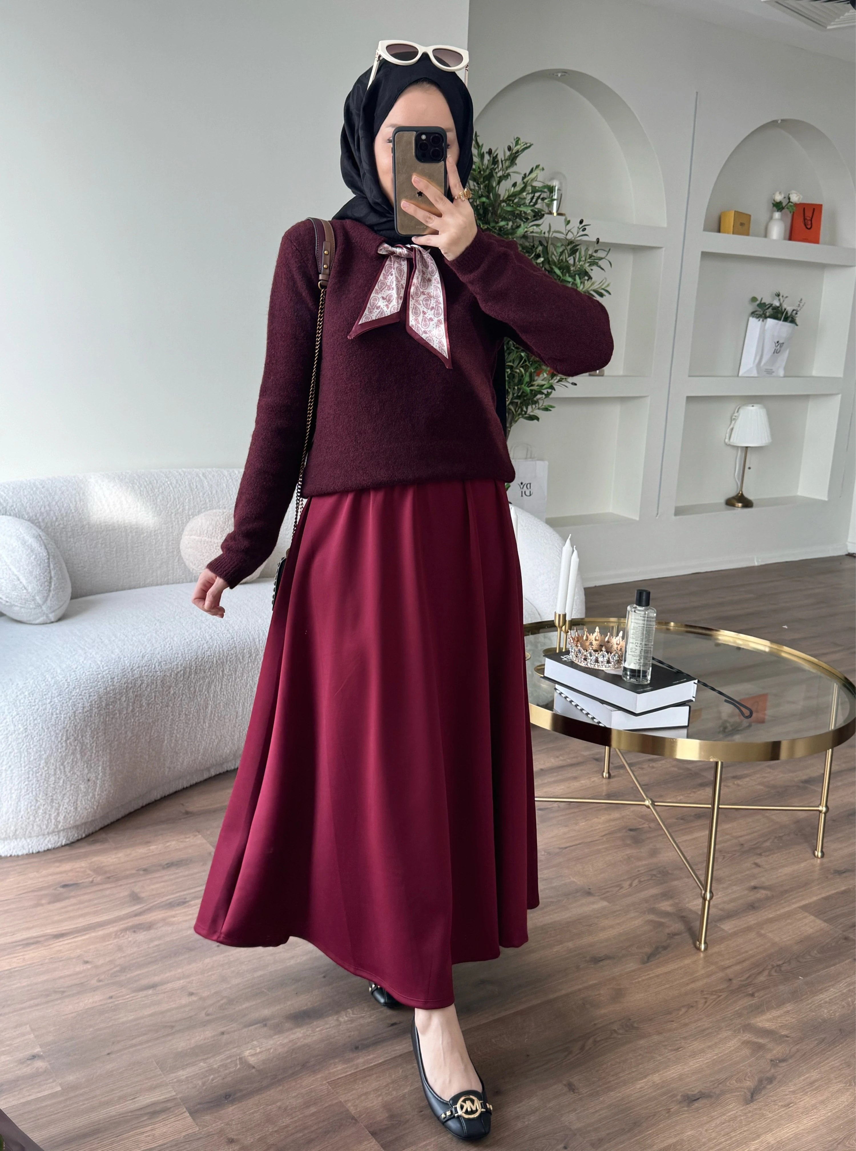 Fularlı triko kazak - bordo