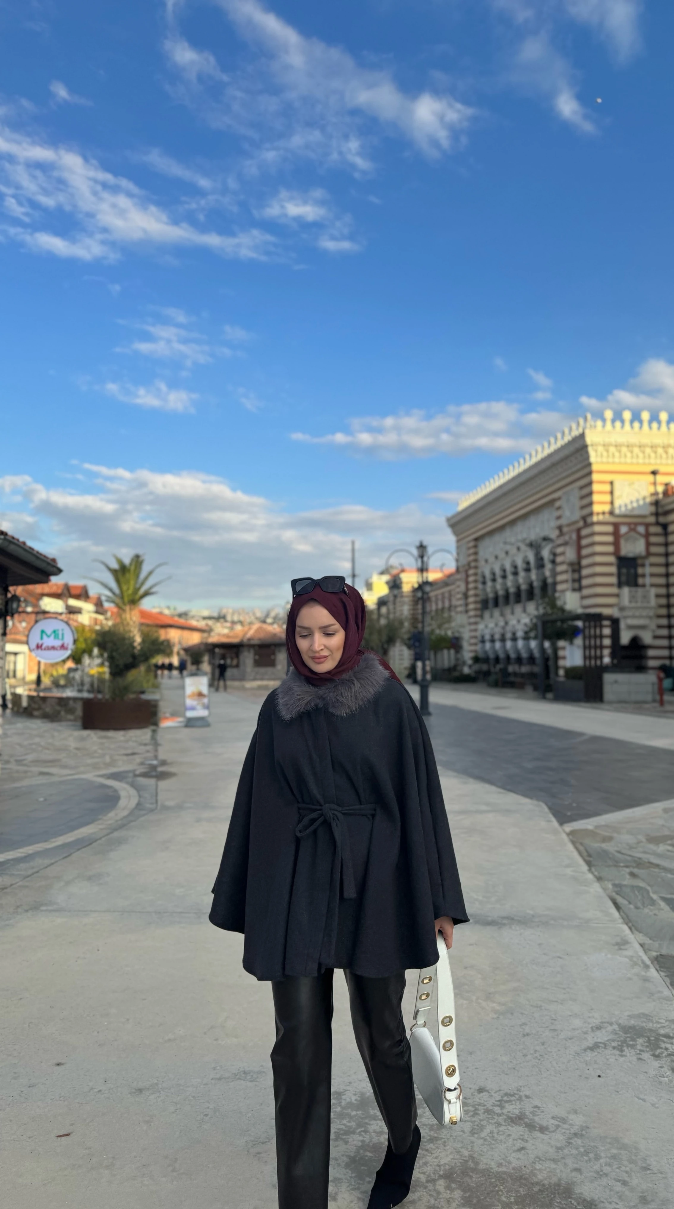 Kürk yaka panço - antrasit 